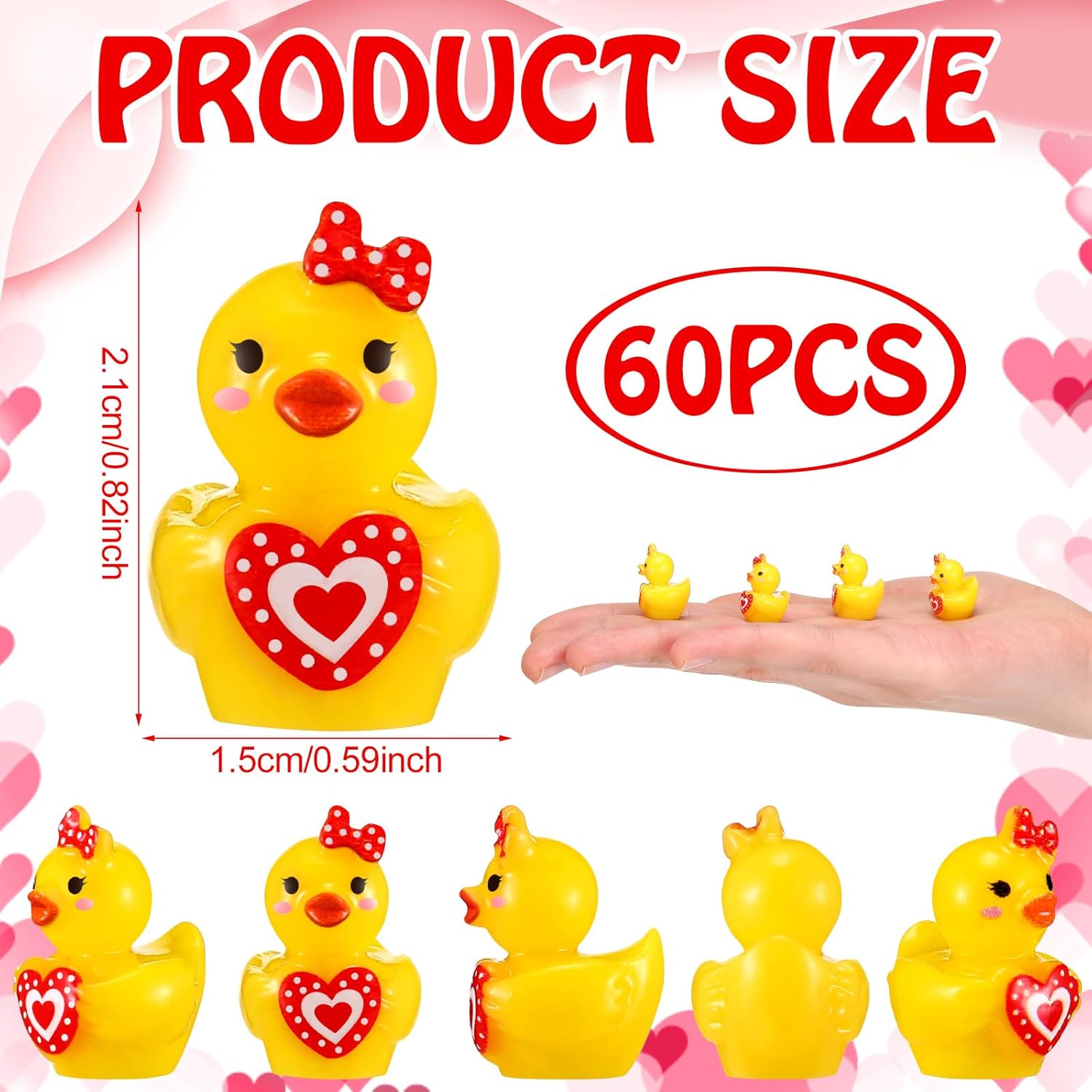 Weysat 60 Pcs Mini Valentines Resin Ducks Tiny Miniature Heart Ducks Figurines Valentines Day Decor Bulk for Home Tabletop Garden Micro Landscape Birthday Party Decor
