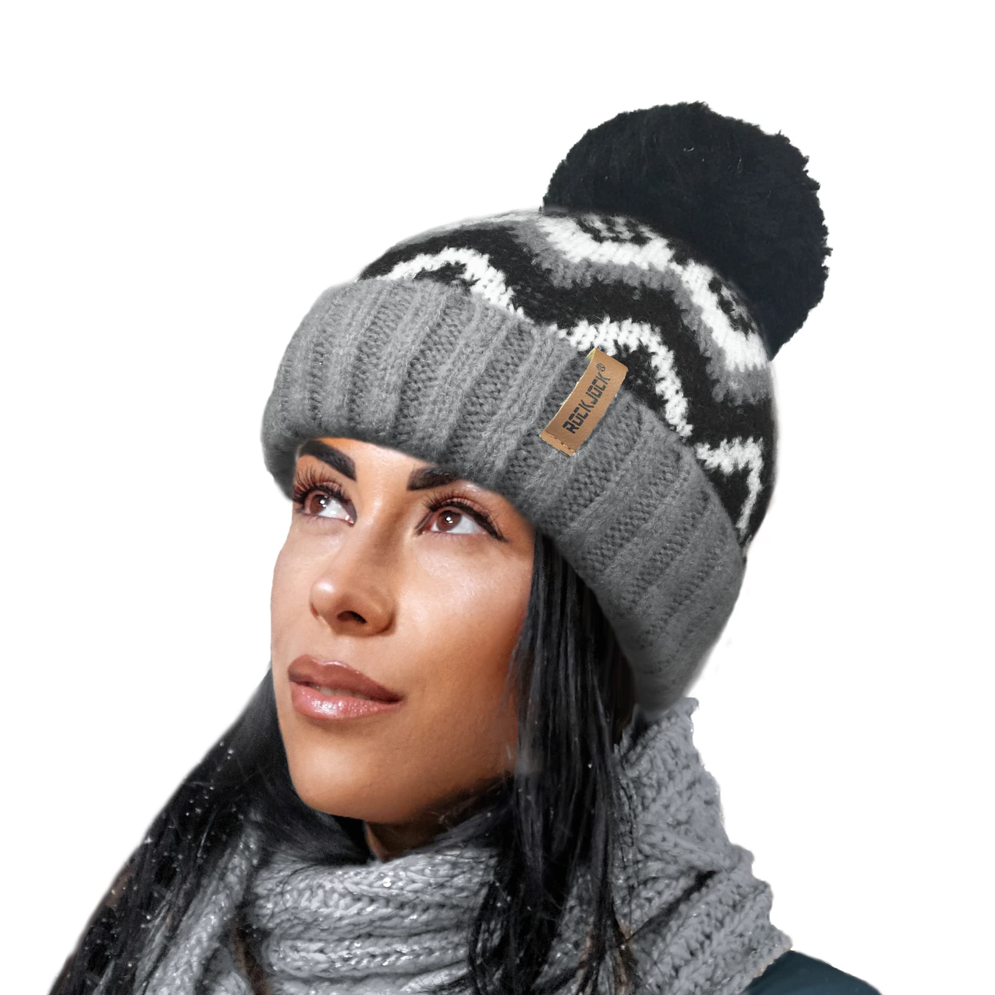 Rockjock Women's Grey/Black Warm Fur Fleece Lined Chevron Pattern Beanie Bobble Pompom Hat