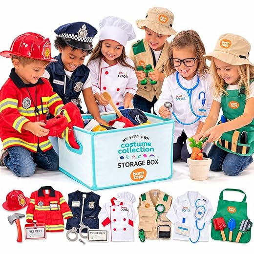 Born Toys 6-in-1 Toddler Dress Up Clothes for Boys & Girls Ages 3-7, Police, Firefighter, Doctor, Chef, Gardener & Explorer with Storage Box, Washable Pretend Play Costumes for Kids, Gift Ready Set