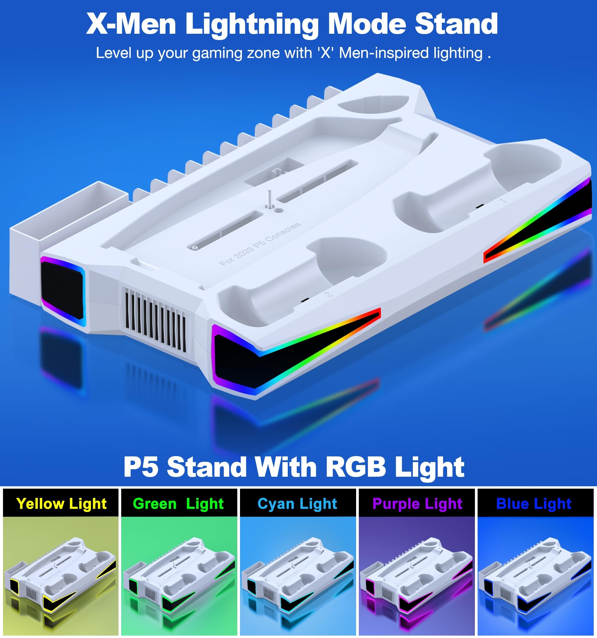 Kawaye Stacja chłodząca PS5 Stand PS5 do konsoli PlayStation 5/Pro/Slim, akcesoria PS5, pionowy stojak z wentylatorem chłodzącym 6.0 cm, światło RGB, podwójna ładowarka kontrolera, uchwyt zestawu