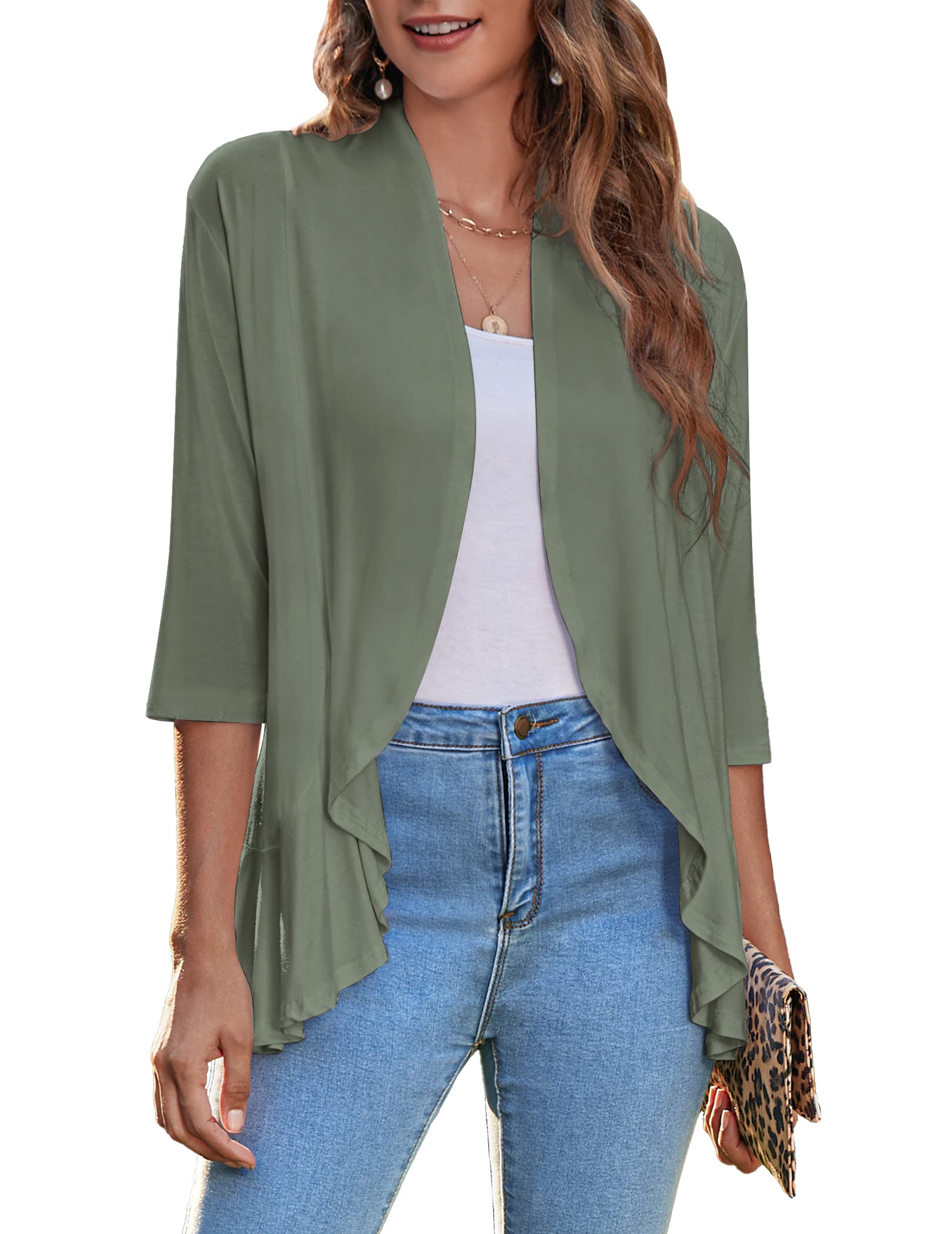 Zeagoo Women's Open Front Cardigan 2026 Spring Summer Lightweight 3/4 Sleeve Draped Ruffles Cardigans S-3XL