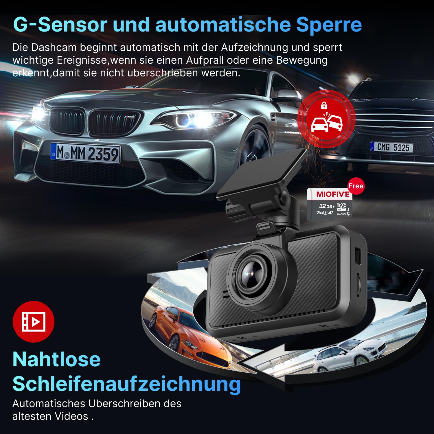 Miofive Dual Auto Kamera,Dashcam Auto mit 4K,2160 * 1440,Dash Cam Auto 5.8GHz WiFi mit 32GB SD Karte, Dual hinten Dashcam mit Nachtsicht, GPS, HDR, G-Sensor, Loop-Aufnahme, APP Steuerung, Max 512GB