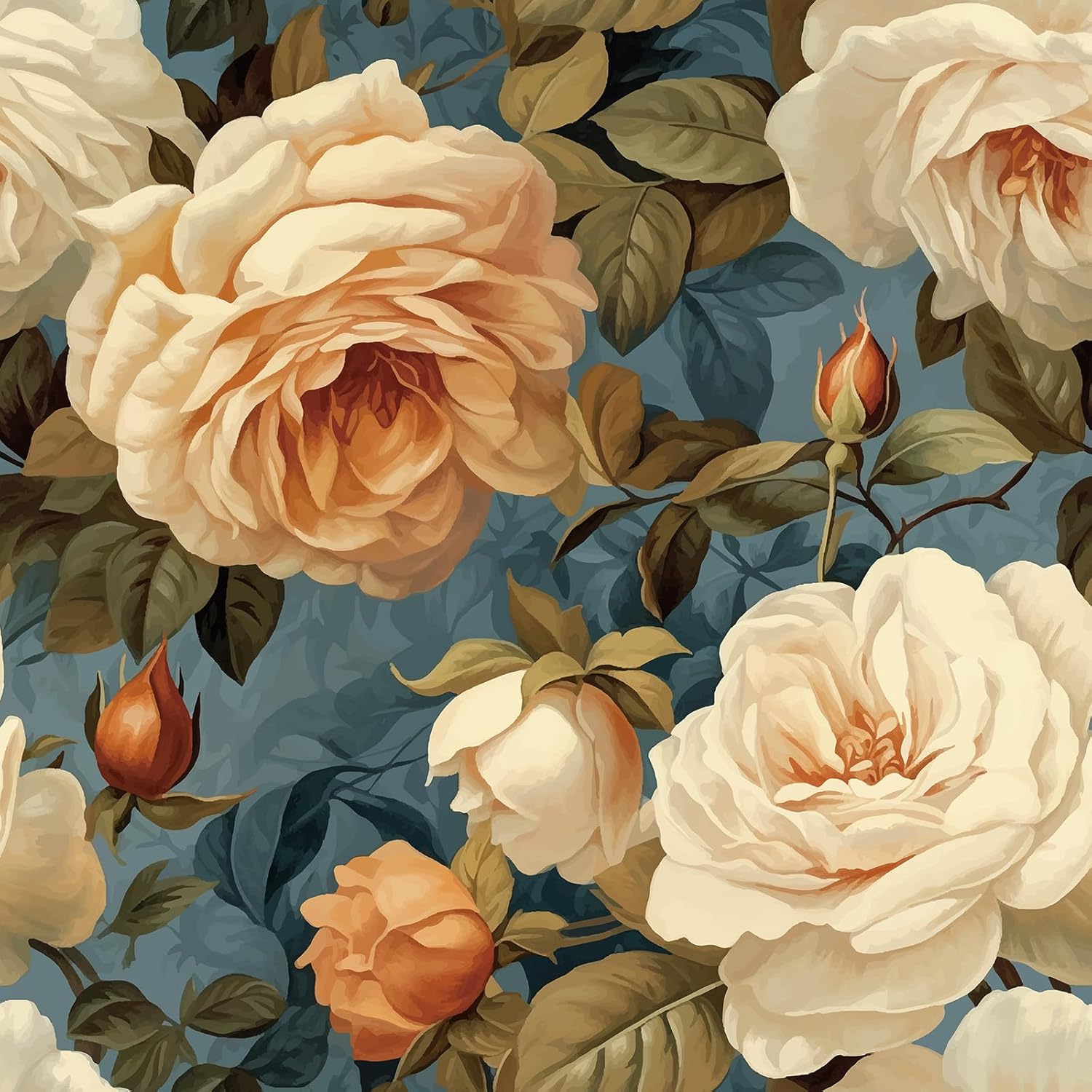 VaryStyle 17.7"x393" Blooming Rose Floral Wallpaper Cream/Blue Floral Peel and Stick Wallpaper Vintage Flower Decorative Contact Paper Renter Friendly Stick on Wallpaper for Farmhouse Girls Bedroom