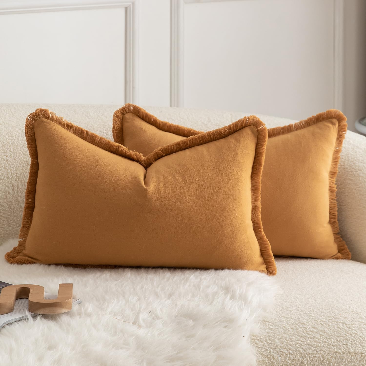 Mandioo Set of 2 Neutral Cotton Fringe Cushion Covers 30x50 cm 12x20 inch Decorative Boho Farmhouse Throw Pillowcase Cozy Tassels for Couch Sofa Bedroom Living Room Home Decor Orange Brown