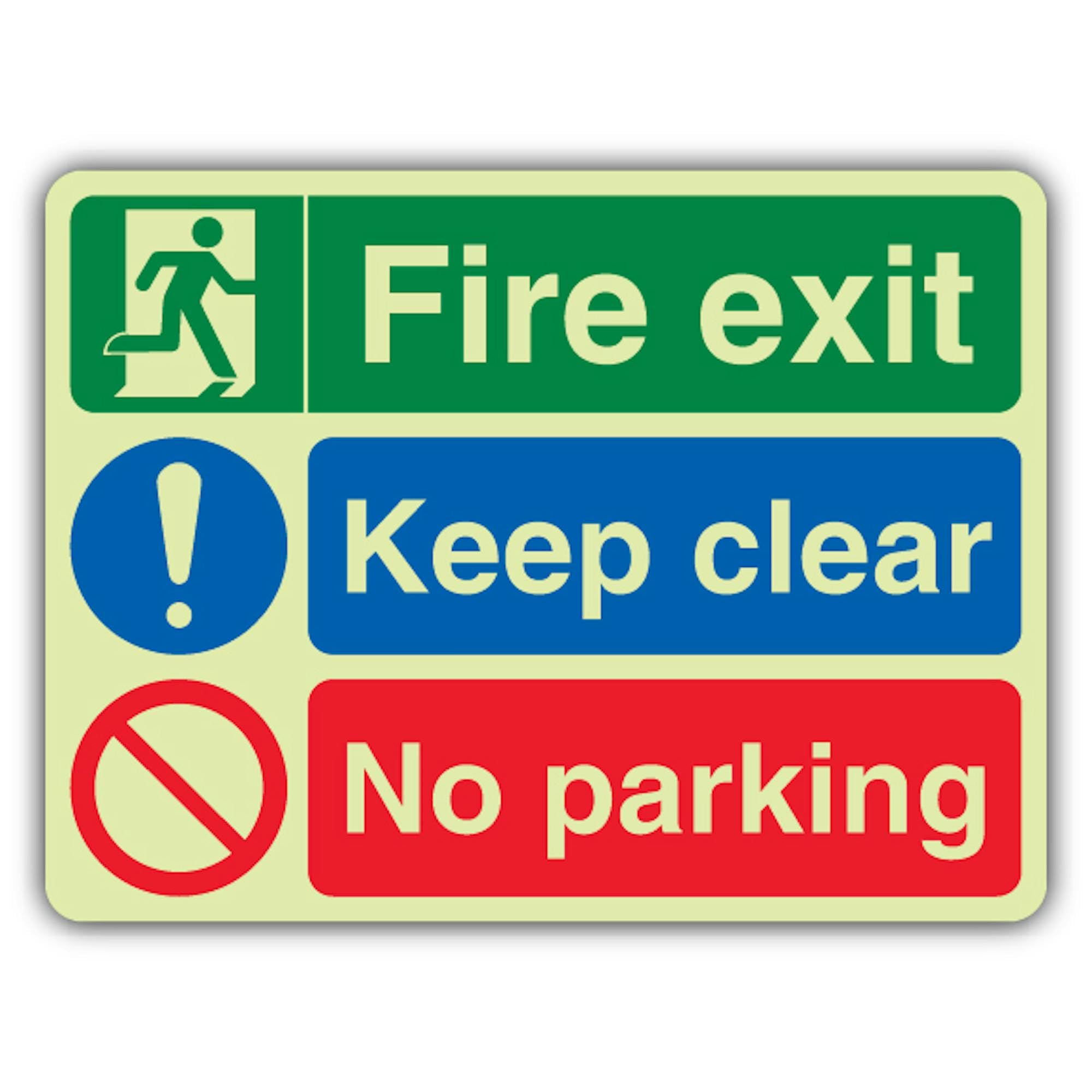 V Safety Glow In The Dark Fire Exit – Keep Clear – No Parking Sign – 400 x 300 mm – Realizzato in vinile autoadesivo Triple Glow – Segnaletica antincendio – Made in Britain