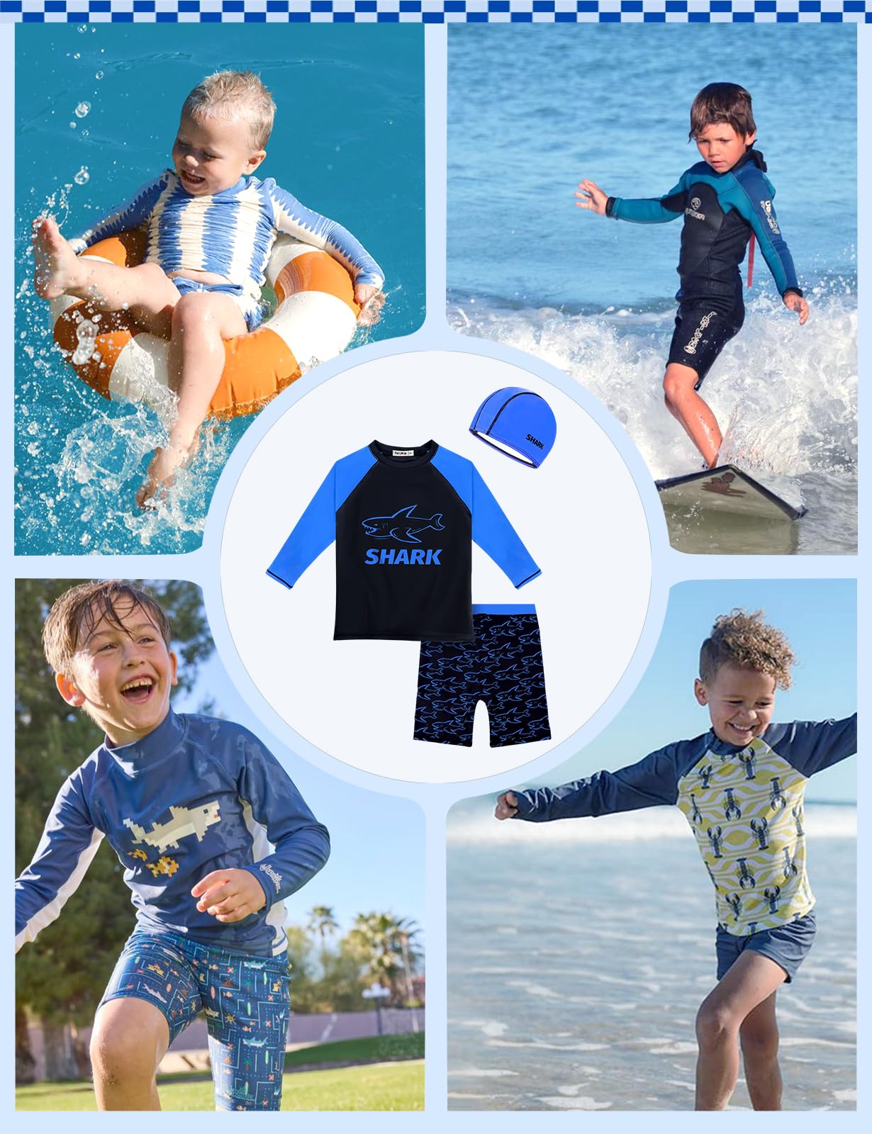weVSwe Maillot de bain 3 pièces à manches + short de bain + bonnet de bain pour garçons de 2 à 12 ans Protection UV UPF 50+