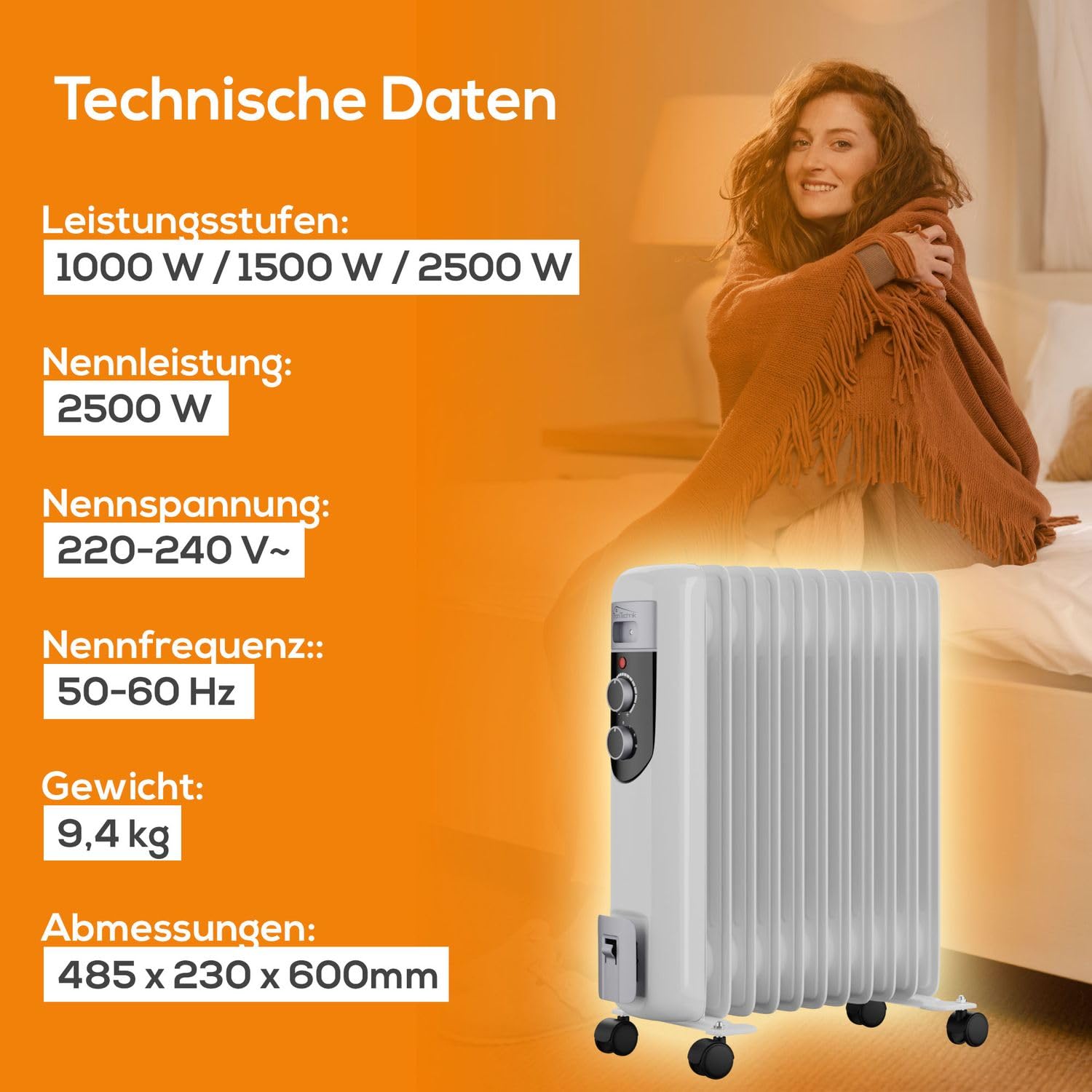 Tronitechnik® Elektroheizung Ölradiator Öl-Heizung Radiator 3 Heizstufen 11 Rippen Elektrischer Heizkörper Energiesparend Thermostat Überhitzungsschutz Heizgerät