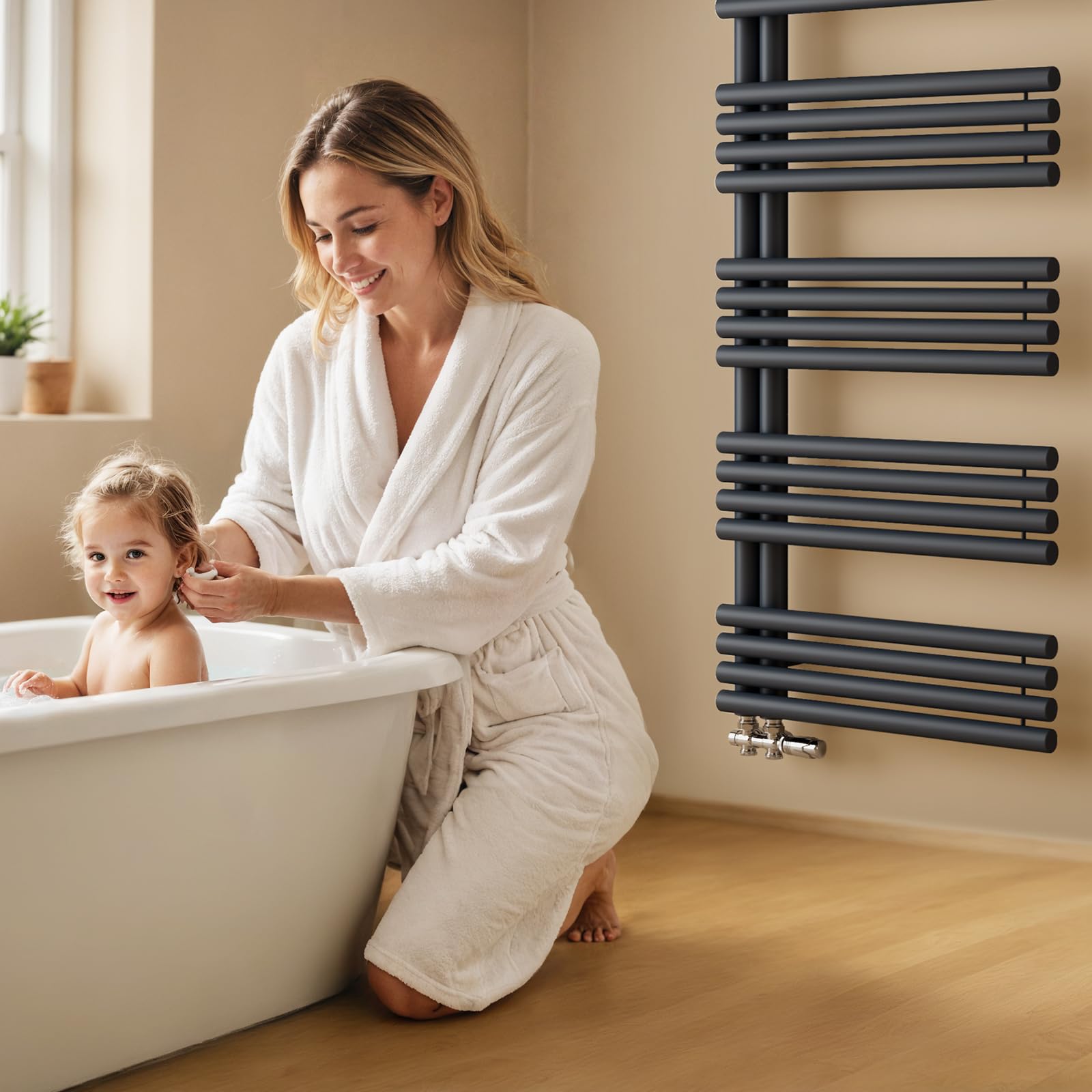 EMKE Scaldasalviette termoarredo a acqua calda per bagno, 1265 x 600 mm, Tubo rotondo Porta asciugamani, Scaldasalviette con attacchi laterali,Antracite 776W
