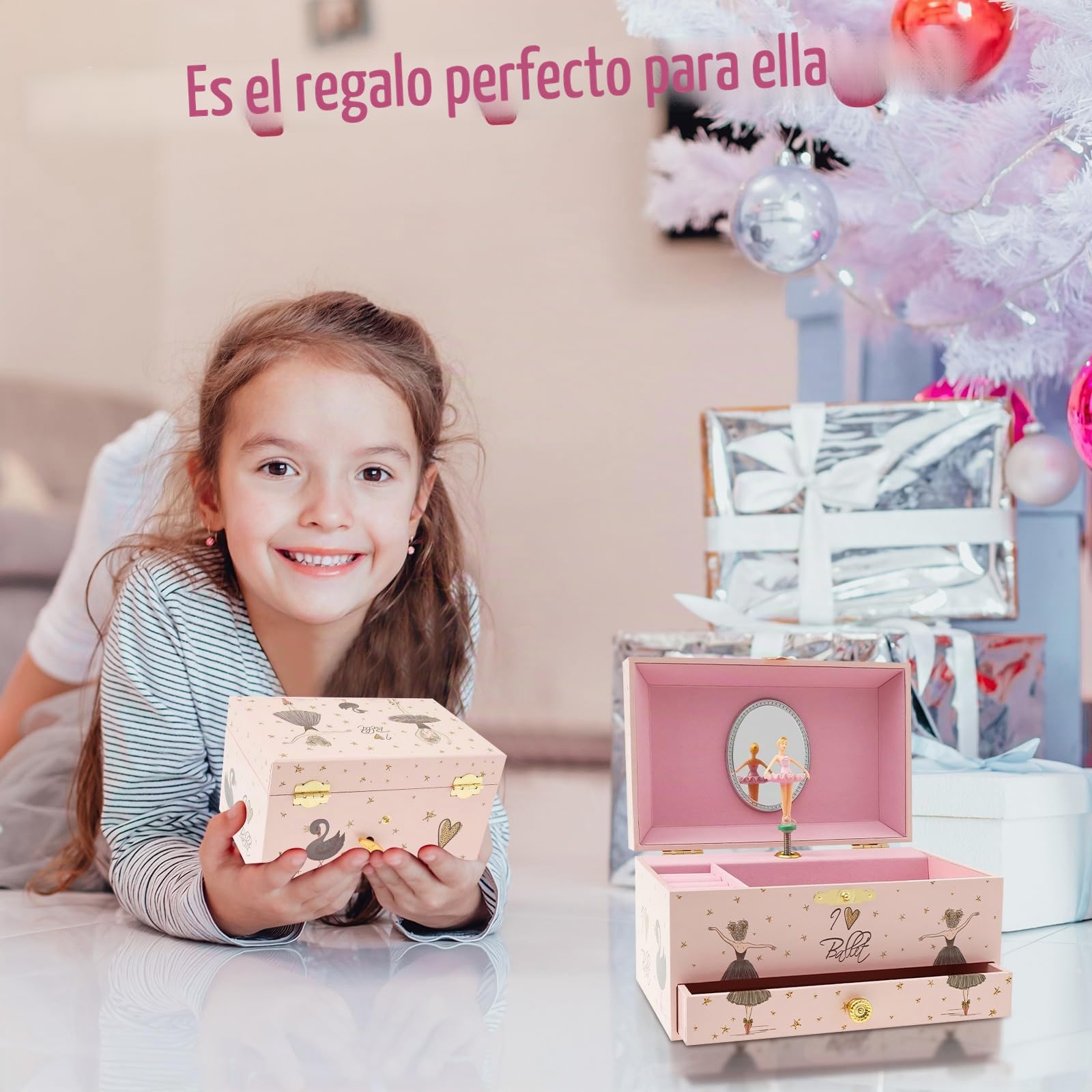 Joyero niña Joyero musical para niños, caja de música con unicornio giratorio, para niñas y niños, con espejo, regalo de cumpleaños (niña de ballet rosa y negro)