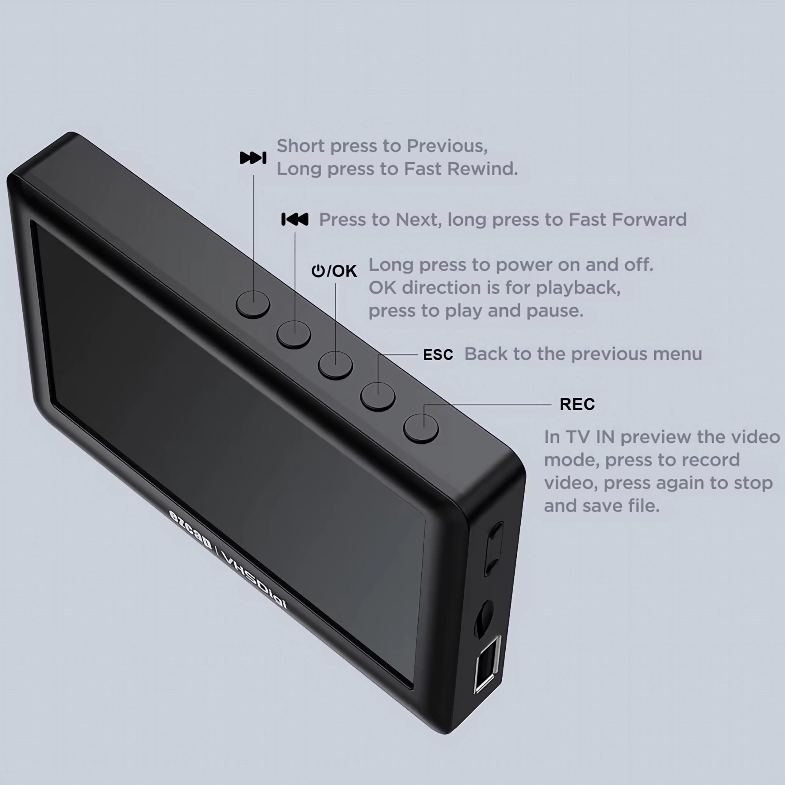 A41D VHS Digitalizador AV RCA a MP4 MP3 Convertidor con pantalla TFT de 4.3 pulgadas Grabber de vídeo USB Micro SD Grabador HDMI Salida USB-C para VHS VCR Hi8 videocámara PAL NTSC