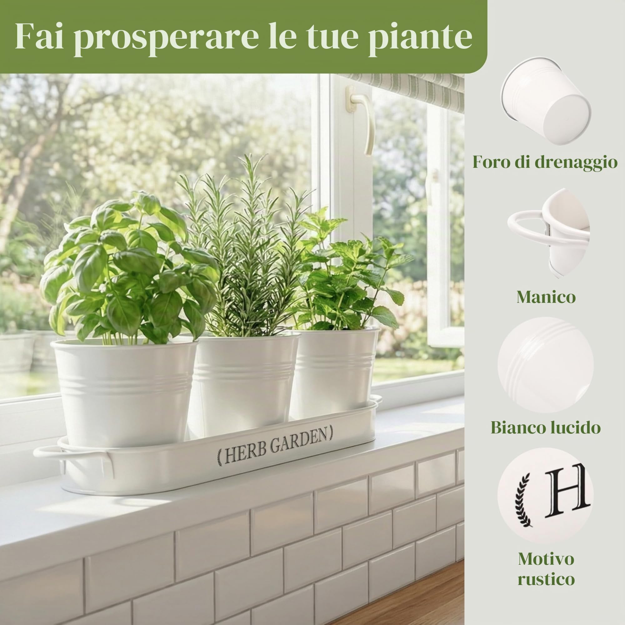 PERFNIQUE Giardino di erbe aromatiche da interno, fioriera da giardino per interni ed esterni, vasi per piante da fattoria, kit da giardino per davanzale con vassoio, vasi da finestra per piante da