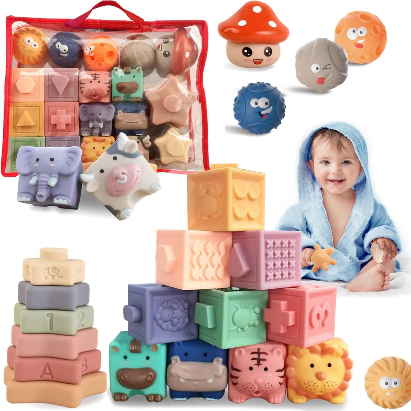 SooFam Baby Soft Building Blocks,Sensory baby stacking toys Babies Bath ...