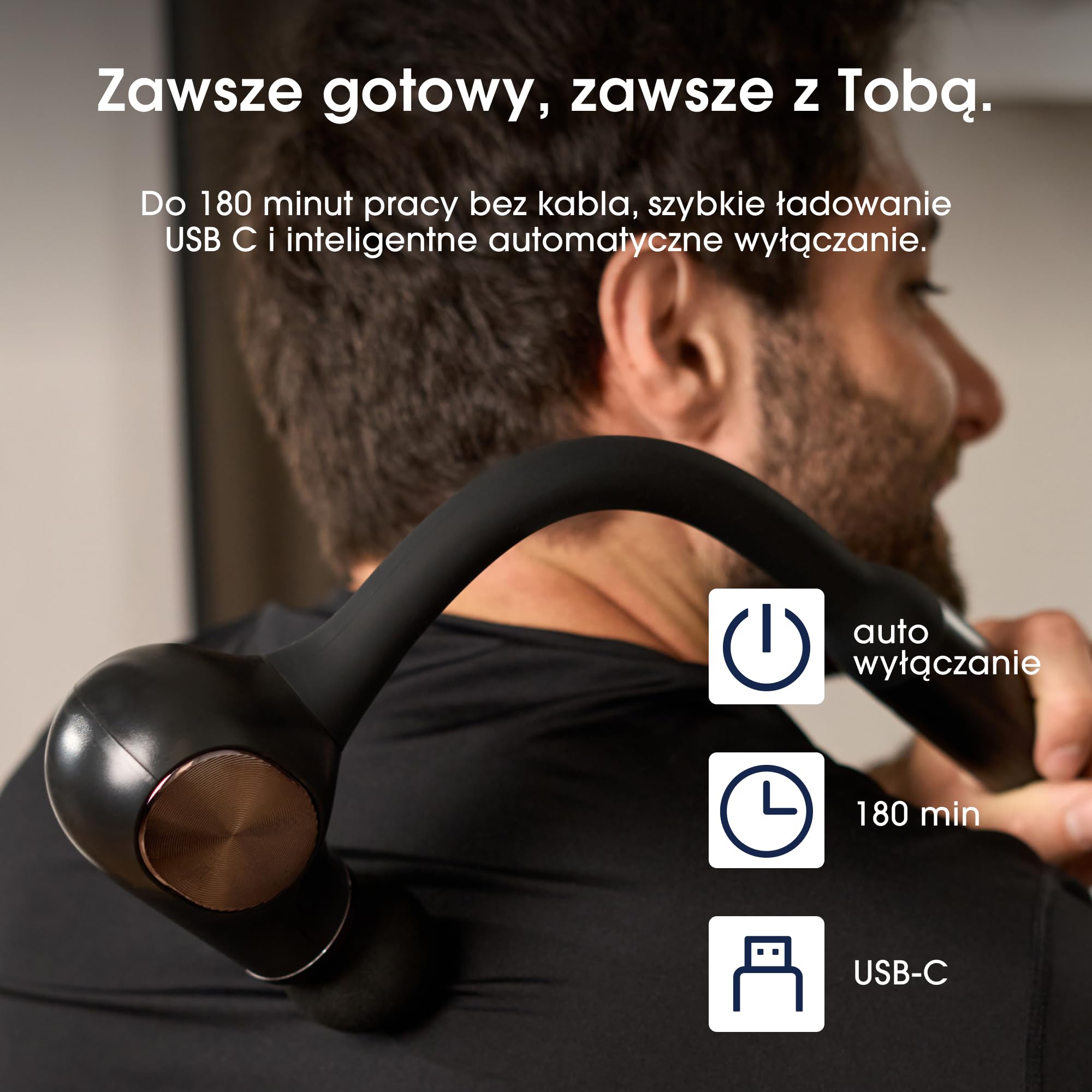 ZENT ErgoSense Inteligentny masażer pleców bezprzewodowy - Masaż wibracyjny dla karku, ramion, łydek, 5 poziomów intensywności, 4 Końcówki w zestawie, Cichy silnik bezszczotkowy, Wytrzymała bateria