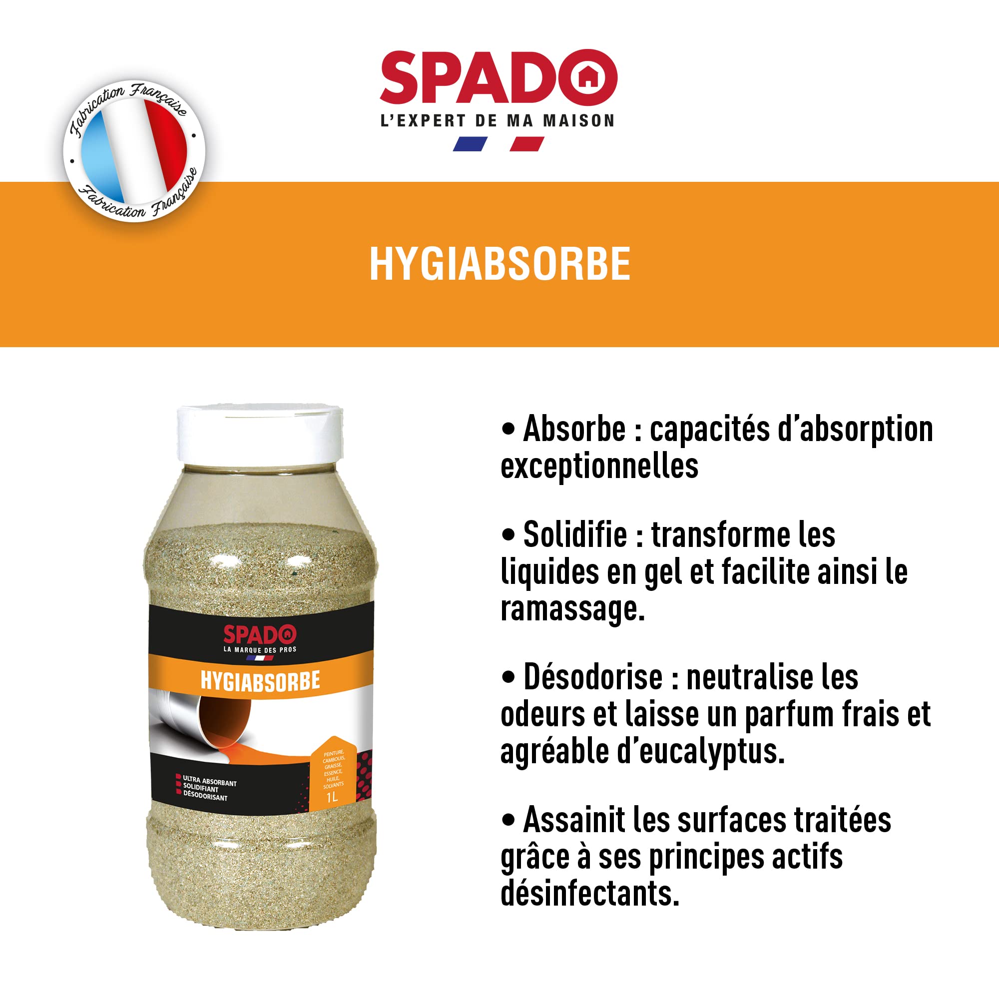 SPADO - Hygiabsorbe - Ultra absorbant - Solidifiant - Désodorisant - Actifs désinfectant - Parfum frais - 1L - Fabriqué en France