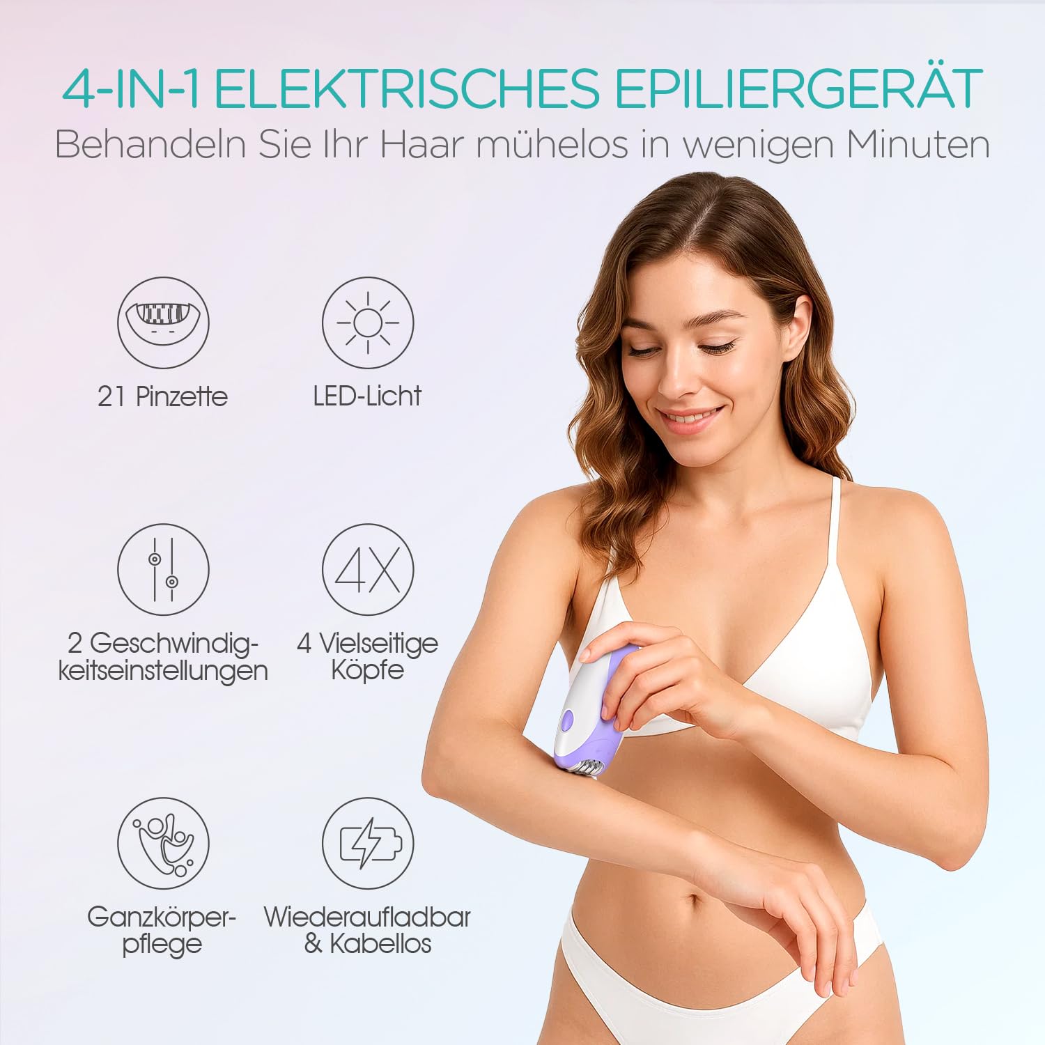 VOGOE Epilierer Damen für Haarentfernung, Epeliergerät Körper 4 in 1 Elektrischer Kabelloser, 21 Pinzetten für Gesicht Beine Arme Bikini, HR310 Lila