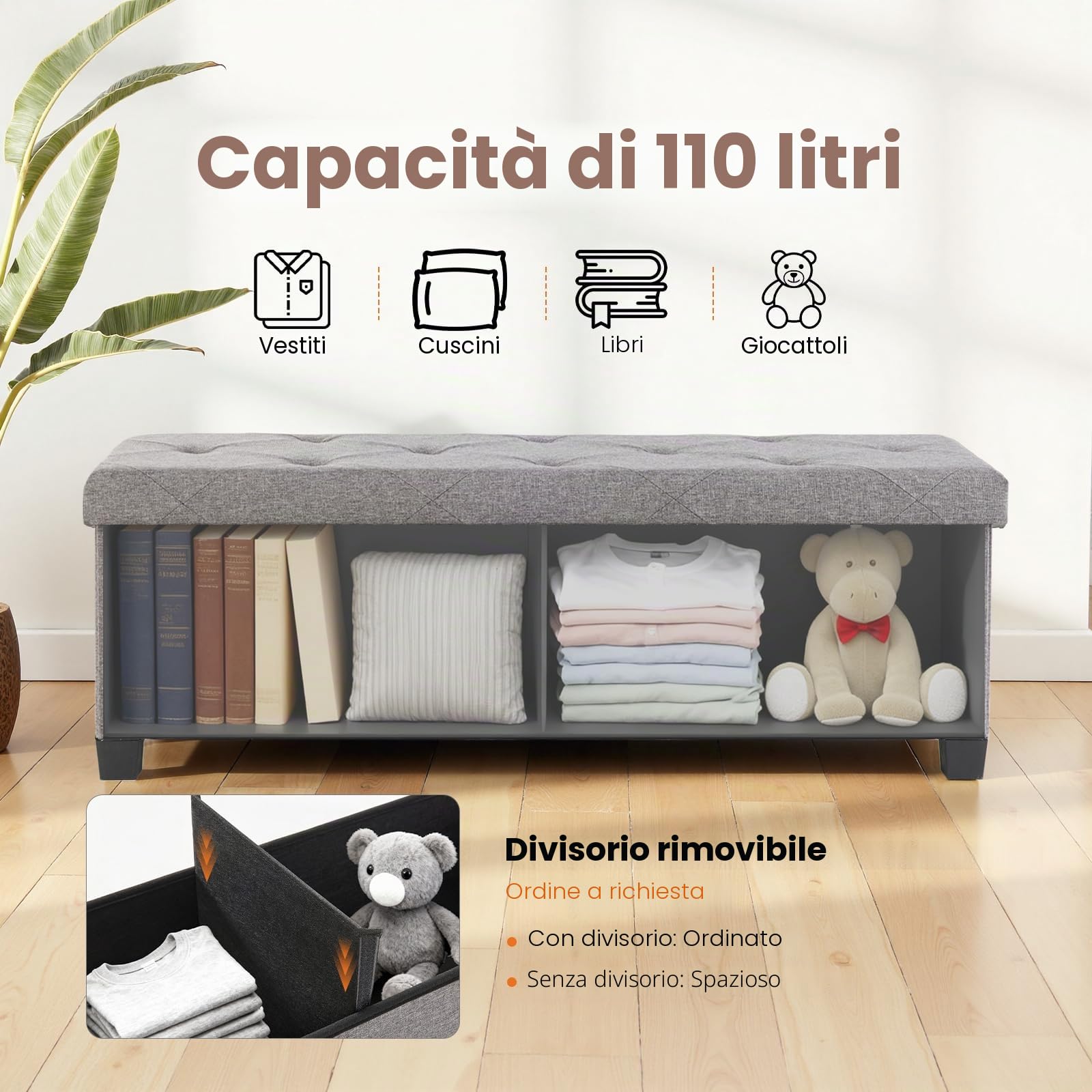 Sweetcrispy Panca con vano portaoggetti, panca con gambe, 110 x 38 x 38 cm, pieghevole, contenitore con coperchio, portata fino a 300 kg, per soggiorno, camera da letto, corridoio, grigio scuro