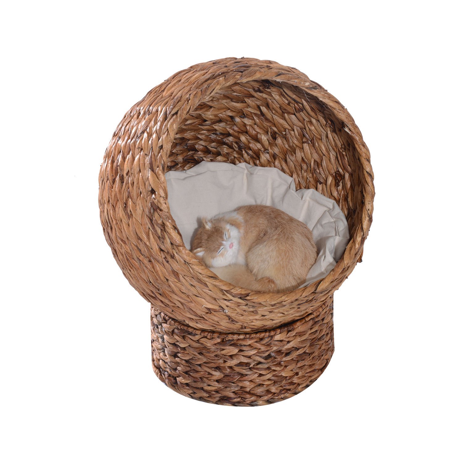 PawHut Rattan Katzenkorb Katzenhöhle Katzenhütte Katzenbett mit Kissen Haustierbett Wasserhyazinthe Braun 50 x 42 x 60 cm