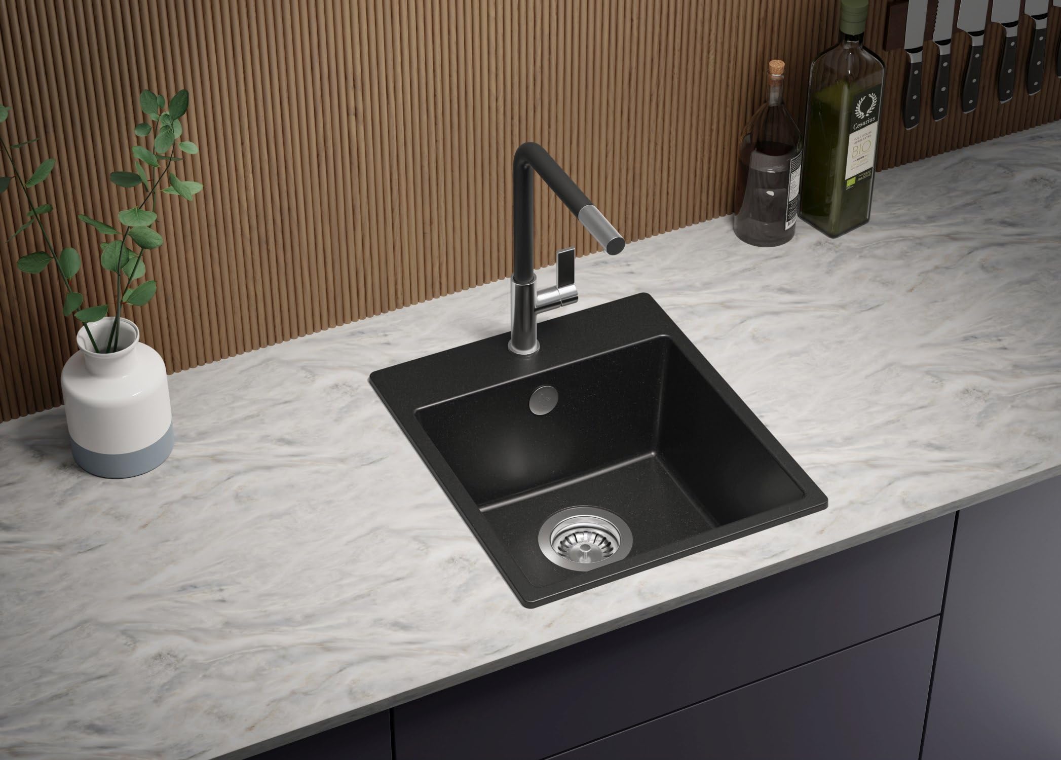 PRIMAGRAN Spülbecken Alles Schwarz - Riga Easy, 38x44cm | Granitspüle 1 Becken + Ablauf-Set, Küchenspüle ab 40er Unterschrank (S007)