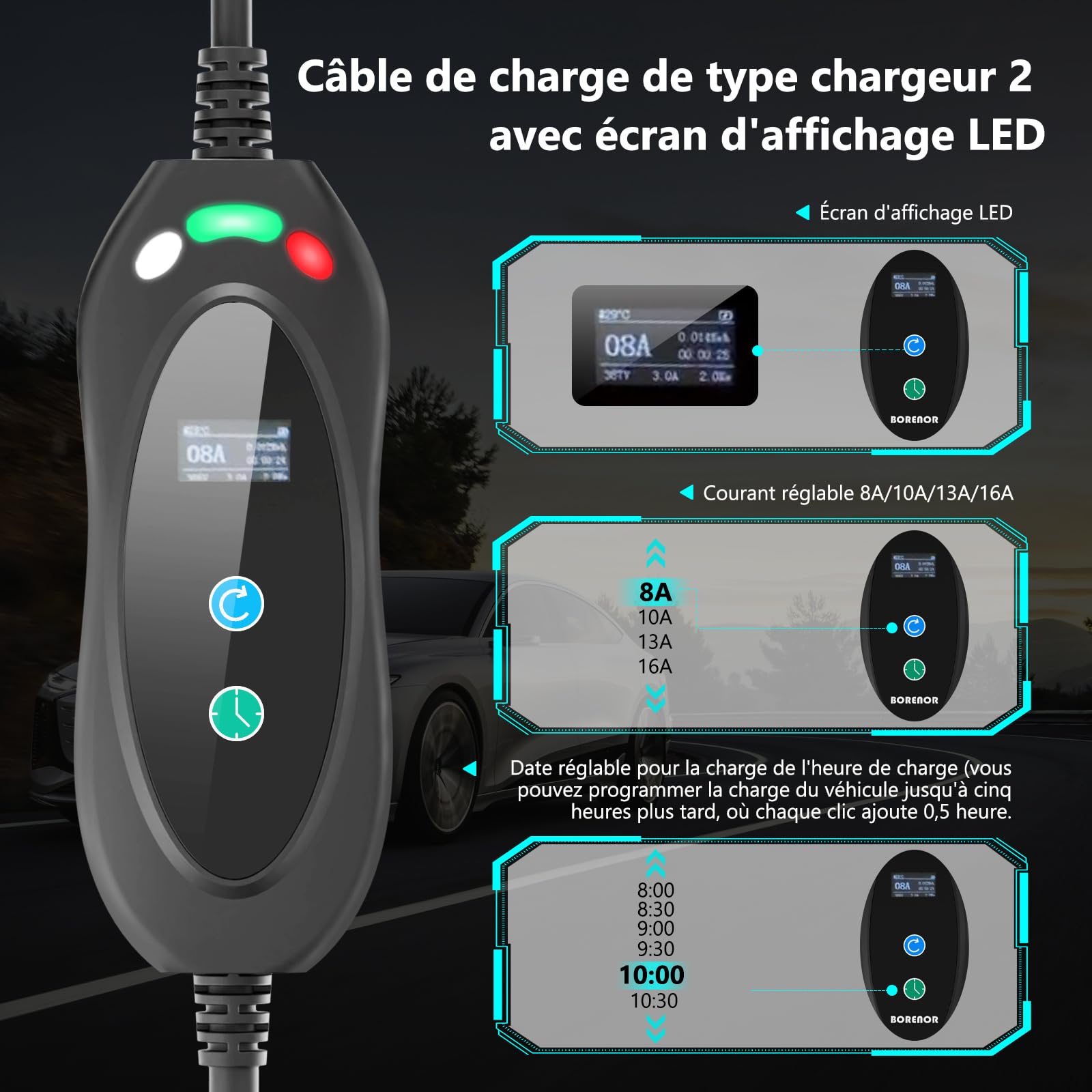 FNRIDS Chargeur Voiture Electrique 6M,EV Chargeur Type 2 3.6KW,8/10/13