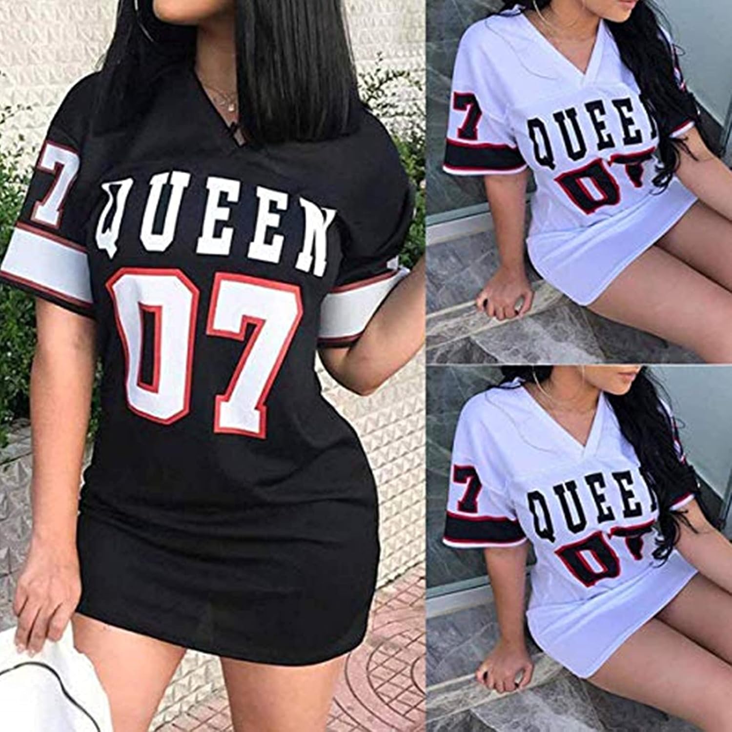Women's Fashion Sexy V Neck Queen Letter Printed Package Dress Casual Hip Hop Short Sleeve Mini Dresses - Image 2