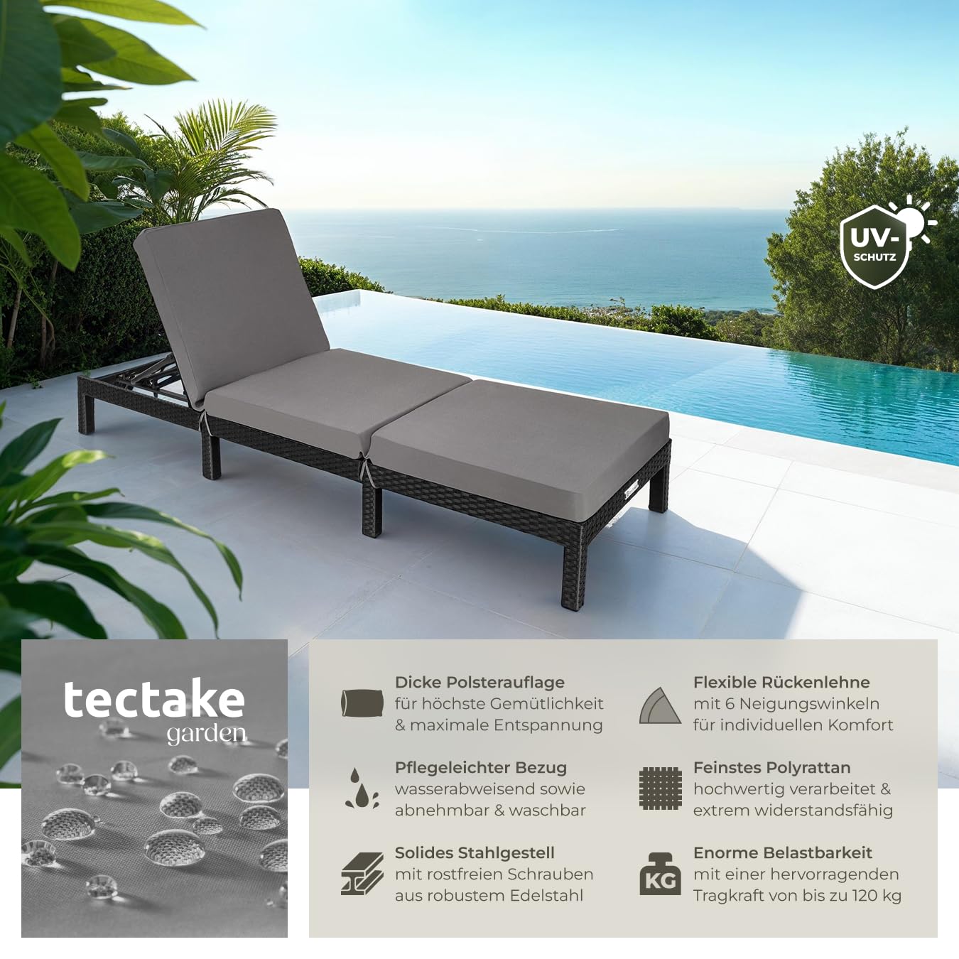 tectake® Polyrattan Sonnenliege mit 6-Fach höhenverstellbarer Rückenlehne, Outdoor Daybed mit bequemer Polsterauflage, Gartenliege Rattan für drinnen und draußen, pflegeleicht und stabil - schwarz