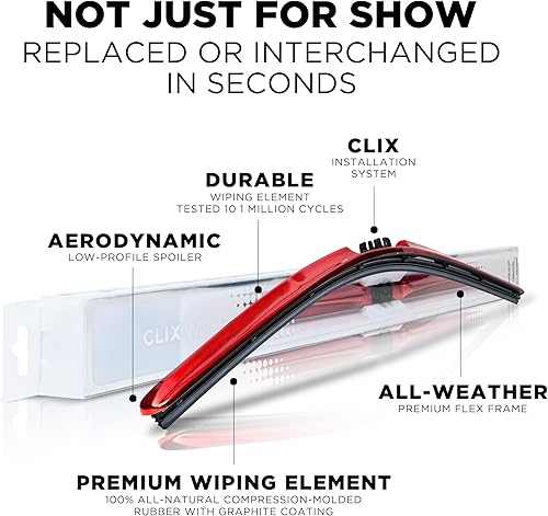 Miniatura 2 de Clix Wipers, Dodge Challenger - Juego completo de 2 limpiaparabrisas delantero, incluye clips de conexión rápida (rojo metálico, 2008-2023)