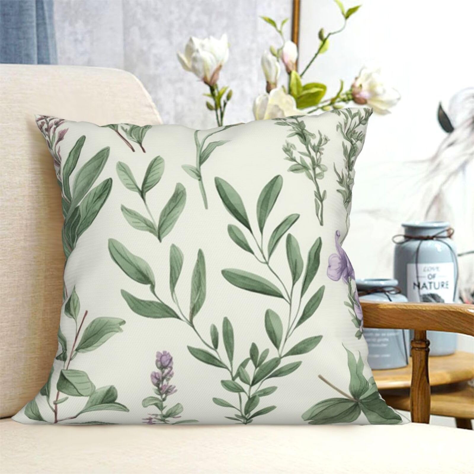 Fodpand Black Decorative Throw Pillow Covers 16"X16" Green Flower Herb Sage Leaves And Branches Cushion Cases Square Modern Farmhouse Pillow Cases Soft Cozy Cushion Covers For Home Decor Pillowcase