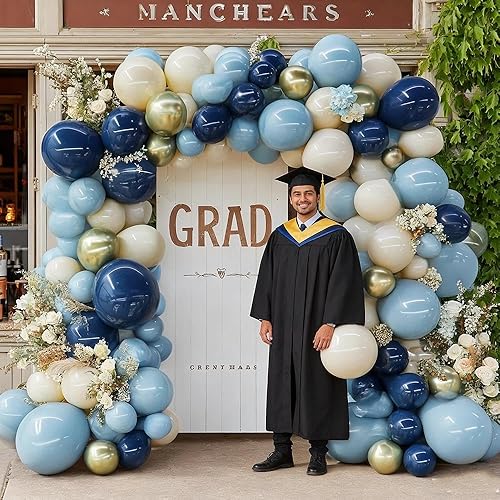 Miniatura 6 de Kit de arco de guirnalda de globos azul marino con globos doble relleno de color azul polvoriento, dorado, blanco, arena, beige, crema, metálico, de