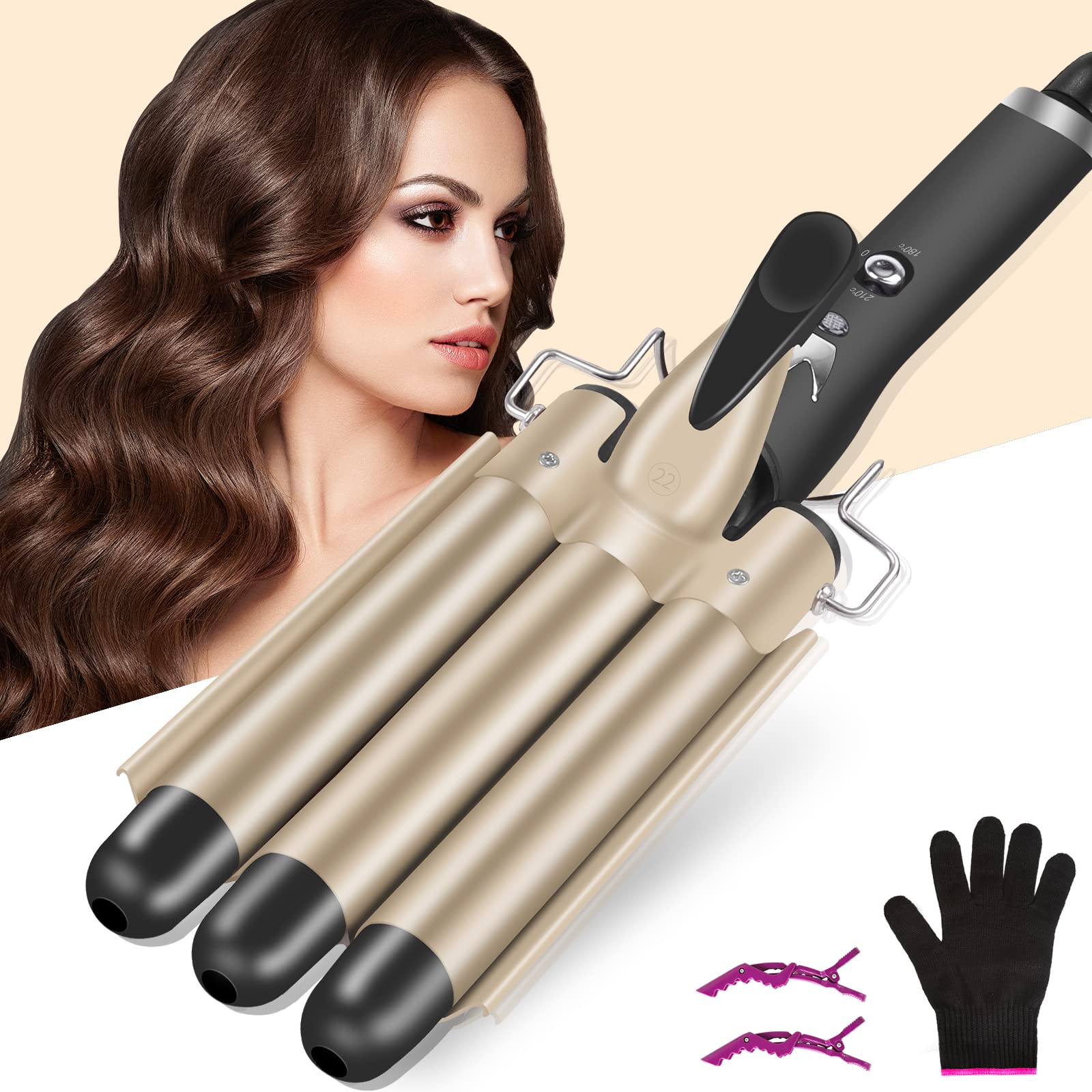 Hair Curler 22mm, 3 Barrel Hair Waver for Long Hair 20s Quick Heating,Curling Wand with 2 Temperature Control,Mermaid Hair Waver Styling Tool with Heat-Resistant Gloves for Long, Short Hair