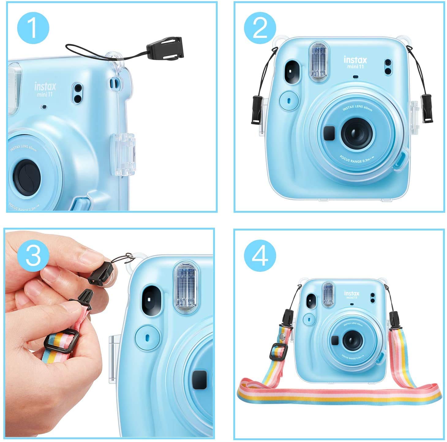 FINTIE Przezroczyste etui ochronne do aparatu Fujifilm Instax Mini 11 Instant Film - Krystalicznie twarda osłona PCW ze zdejmowanym tęczowym paskiem na ramię, przezroczyste