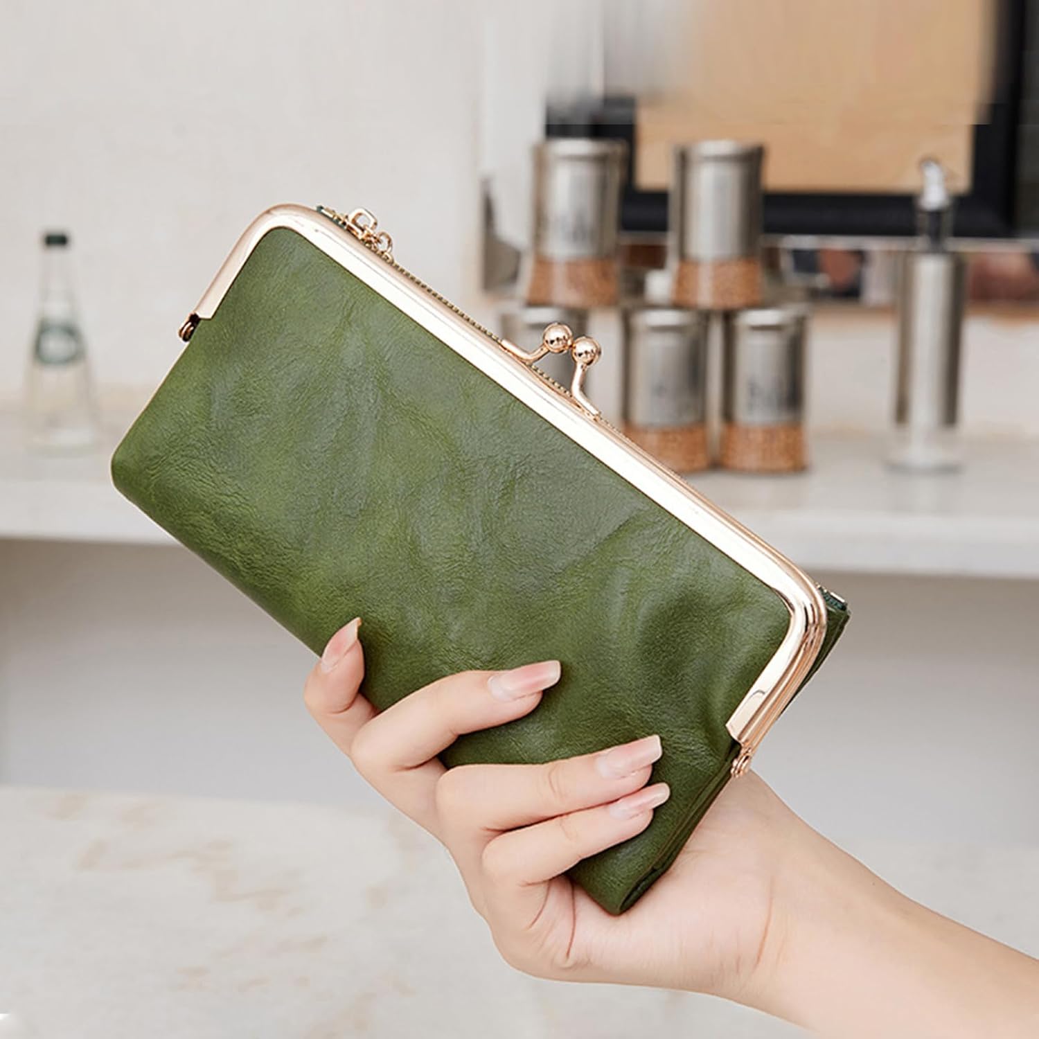 GOIACII Womens Wallet Ladies Vintage Billfold Compact Card Holder Long Zip Clutch Purse with Kiss Lock Green - Image 5