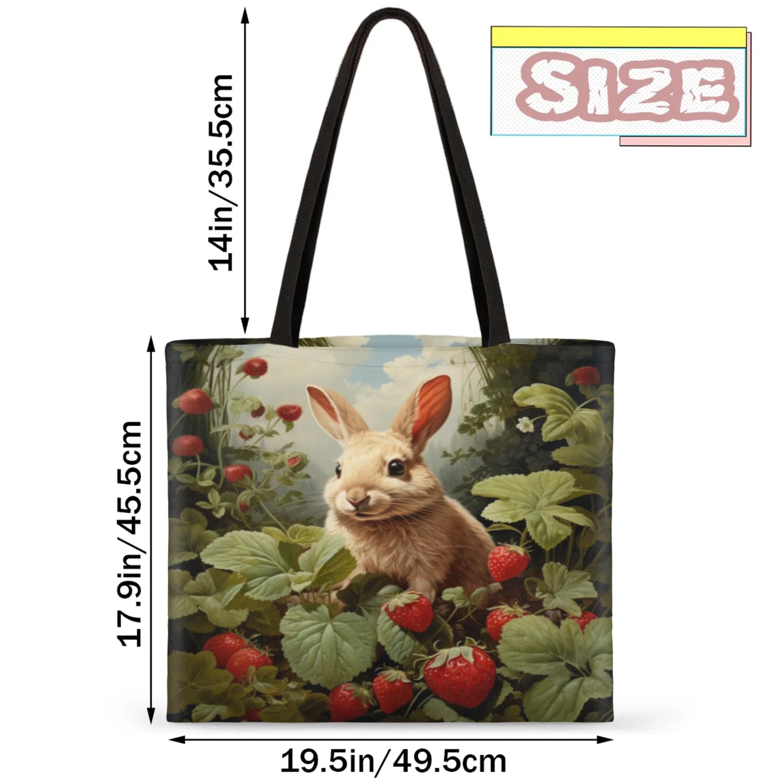Mularoka Cute Rabbit Strawberry Square Canvas Tote Bag Top Handle Purses Stylish Women Canvas Shoulder Tote Bags Reusable Handbags for Work Travel Picnic Beach Shopping Gym Hiking