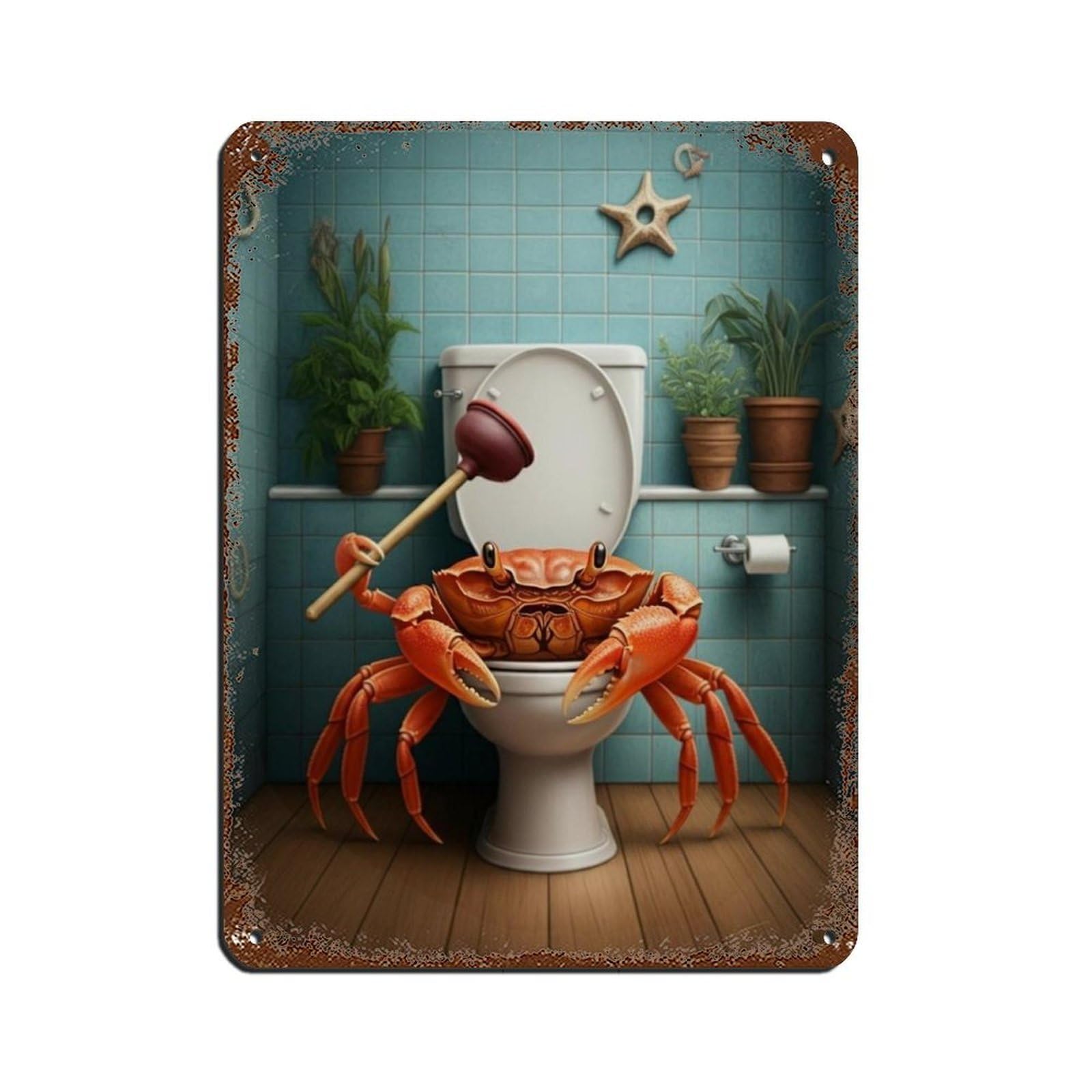 Red Crab on Toilet, Plumber with Plunger Poster Tin Sign Vintage Metal Pub Club Cafe Bar Home Wall Art Decoration Poster Retro 12x16inch(30x40cm)