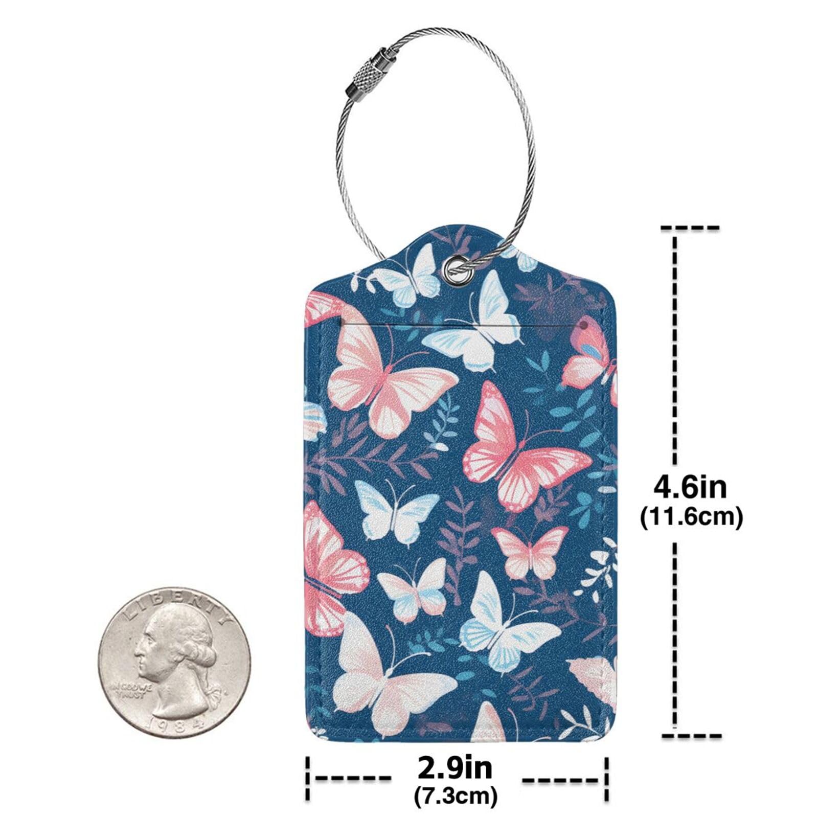4 etiquetas de equipaje de piel sintética para maleta, diseño de mariposa de ensueño, pintura de tinta rosa y azul, etiqueta de equipaje con lazo de acero inoxidable, cubierta de privacidad, etiqueta