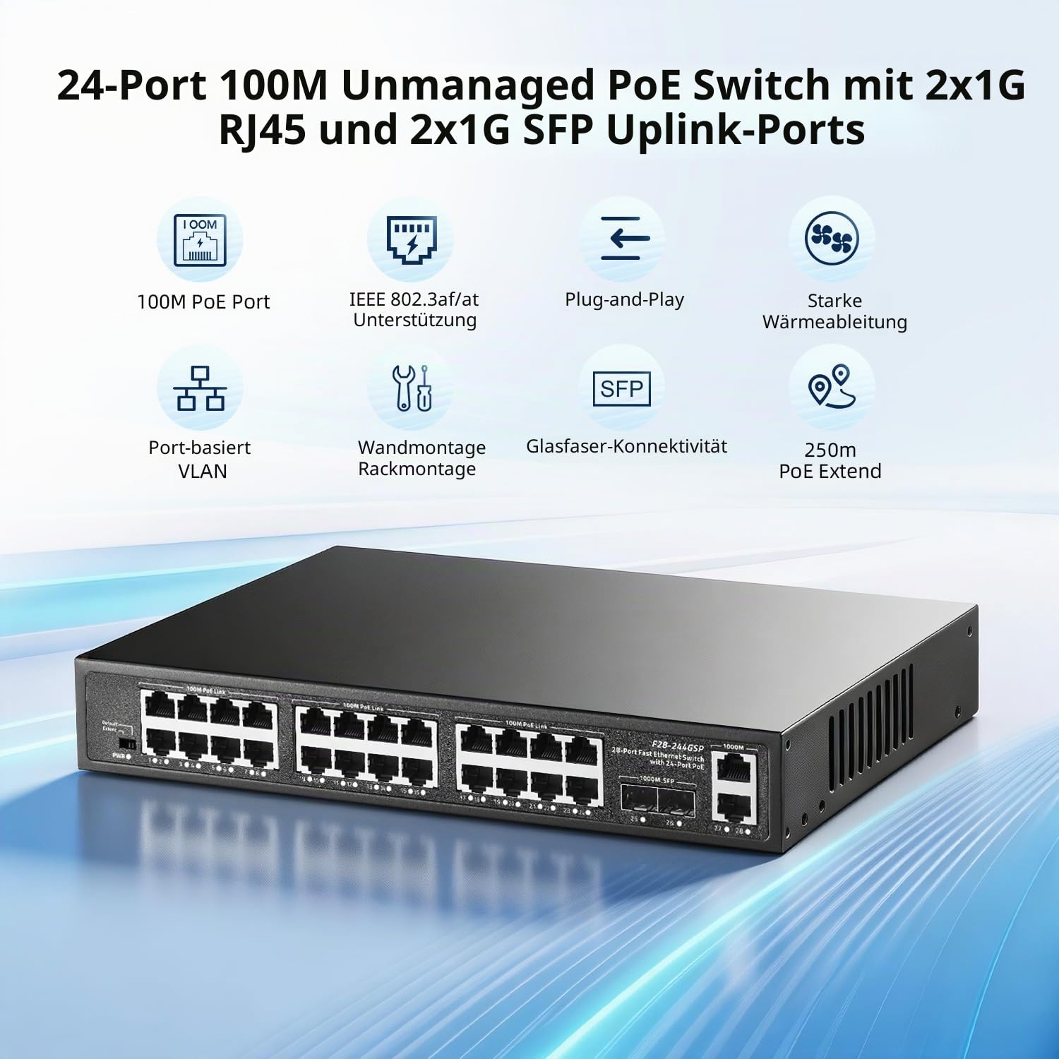 24-Port-POE-Switch, 2 Gigabit-Uplinks, 2 SFP-Steckplätze, IEEE 802.3af/at, 450 W Hochleistungsleistung, Metallgehäuse, unmanaged Plug-and-Play, Rack-Montage | Desktop-Ethernet-Switch von Binardat