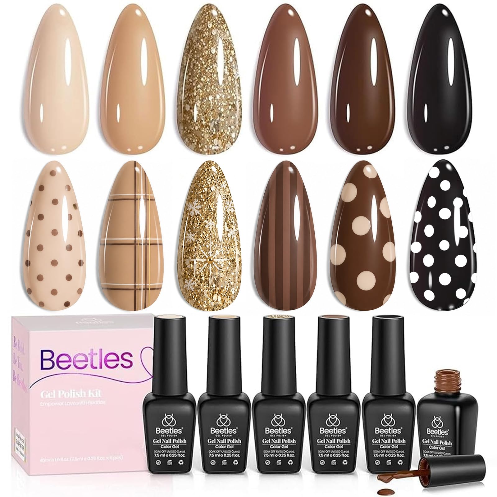 Beetles Brown Gel Polish Set, 6 Colors Fall Nude Brown Black Gold Glitter A - Mixed Finishes | Brown | Chocolate Brown