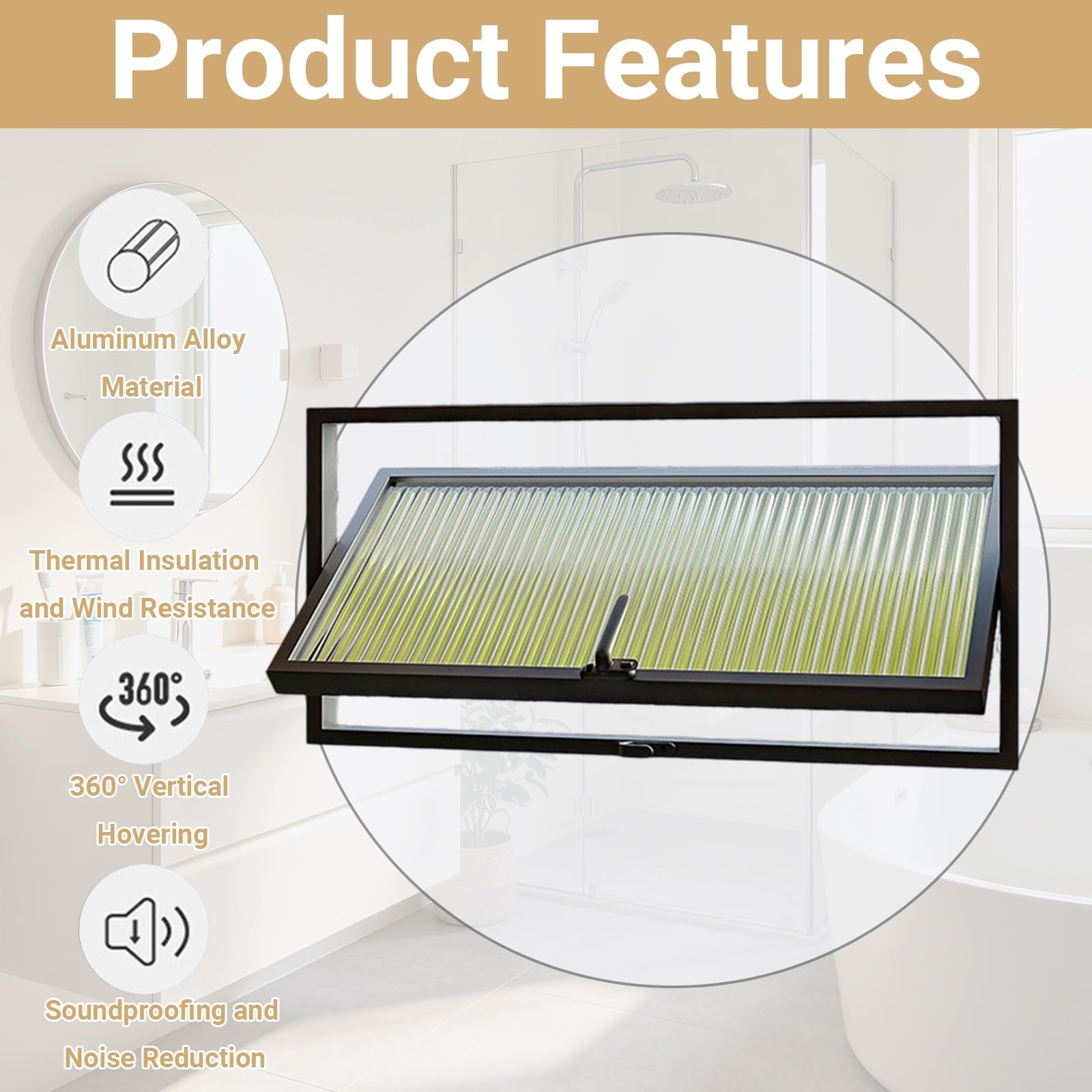 Finestra Rettangolare A Battente Girevole 360°, Vetro Temperato 5mm con Effetto Increspatura per La Privacy, Maniglia Robusta(White (Clear Glass),24x12in/60x30cm)