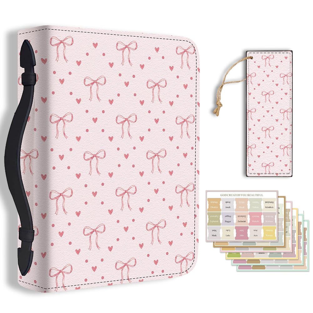 TNKBREEZE Women's Bible Cover Pink Bow PU Leather Book Carrying Bag with Bookmark Hearts Inspirational Bible Book Case with Handle and Zipper Christian Gifts Church Study Supplies 11.2×8×2.3inch