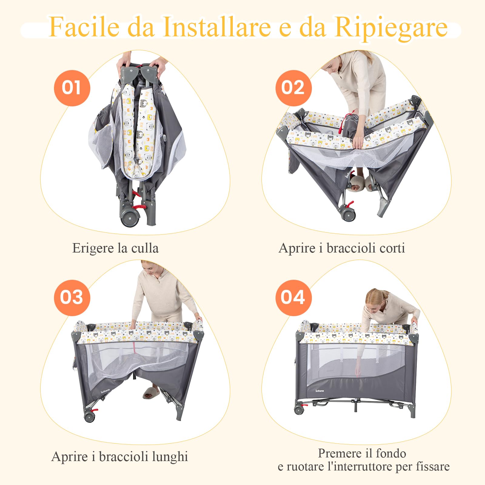 RELAX4LIFE 5 in 1 Lettino Neonato, Lettino da Campeggio con Fasciatoio e Cintura di Fissaggio, Altezza Regolabile in 4 Livelli, Adatto a Bambini 0-36 Mesi, 110 x 76 x 82,5cm (Beige)