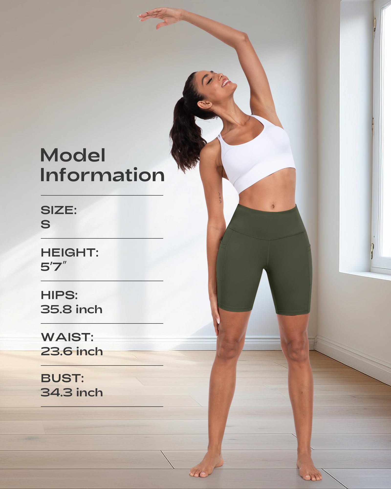 Pantalones cortos de ciclista para mujer con bolsillos, cintura alta de 8 pulgadas, control de abdomen, suaves, atléticos, entrenamiento, gimnasio, yoga — view 6