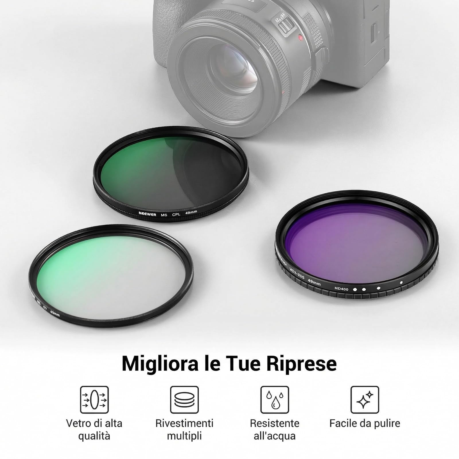 NEEWER 49mm Kit Filtro ND Variabile+CPL+UV (3pz), Filtri a Densità Neutra (ND2-400) Polarizzatore Circolare Multistrato per Lente Fotocamera, Set Accessori per Fotografia con Custodia e Copriobiettivo