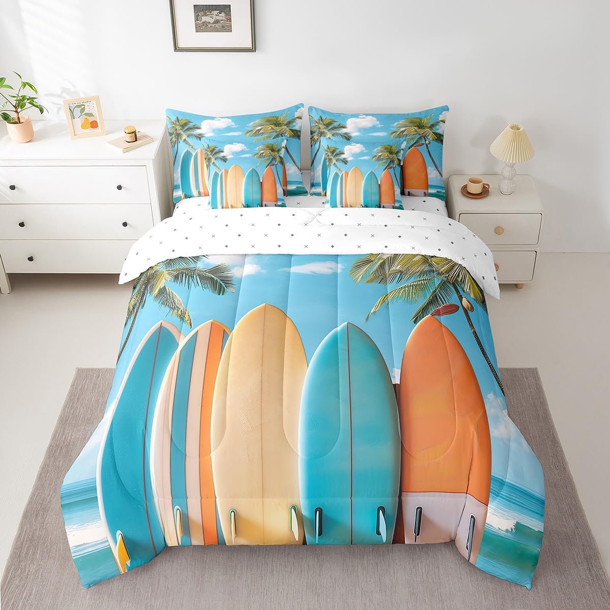 Erosebridal Palm Tree Surfboard Comforter Set Twin 7 Piece Ocean Surf Bed in a Bag for Surfer,Coastal Beach Bedding Set (1 Comforter,1 Fitted Sheet,1 Flat Sheet,2 Pillowcases,2 Throw Pillow Covers)