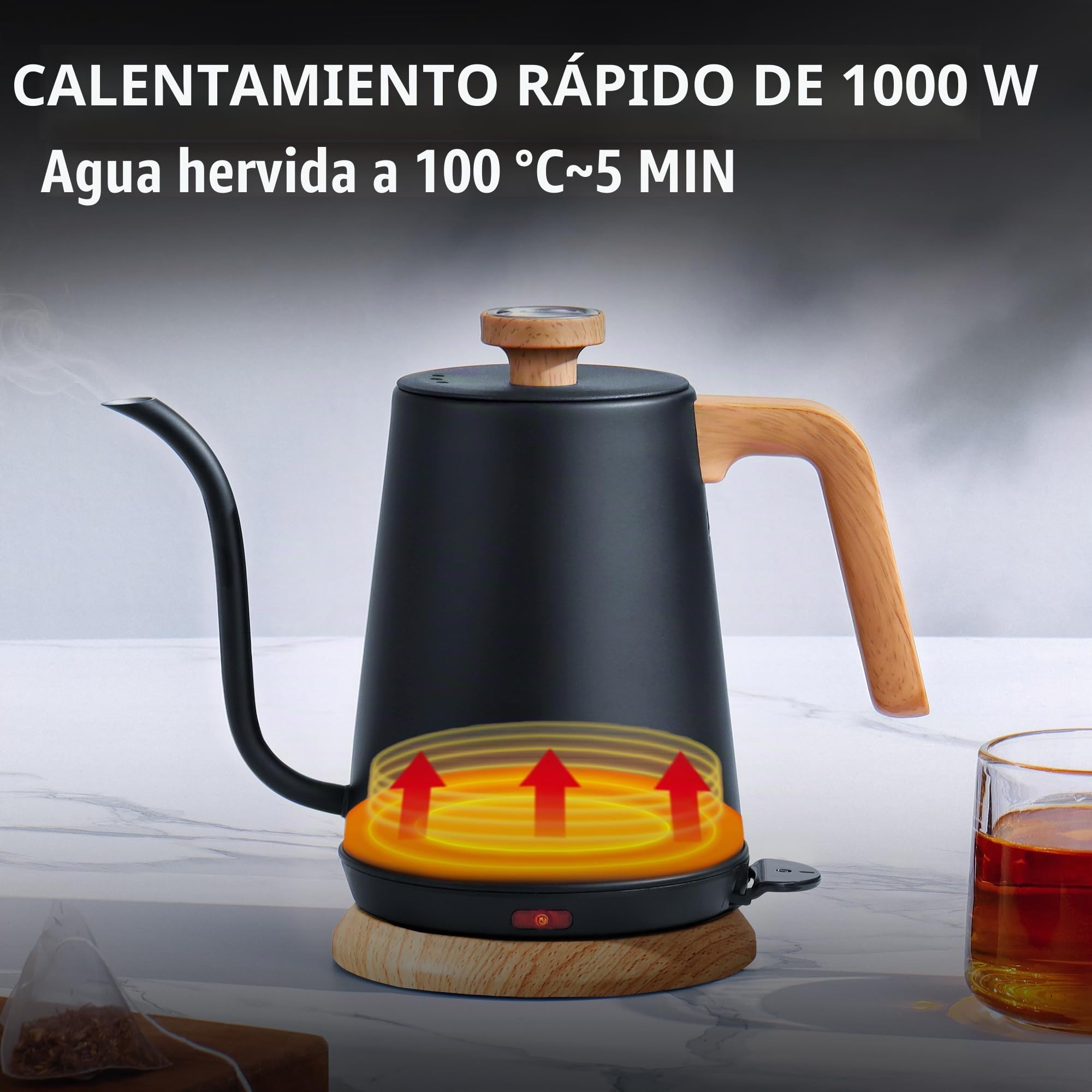 DmofwHi Hervidor Eléctrico de Cuello de Cisne de 1L con Termómetro, 1000W Tetera Electrica de Acero Inoxidable, Apagado Automático, Hervidor de Agua Para Café y Té, Negro