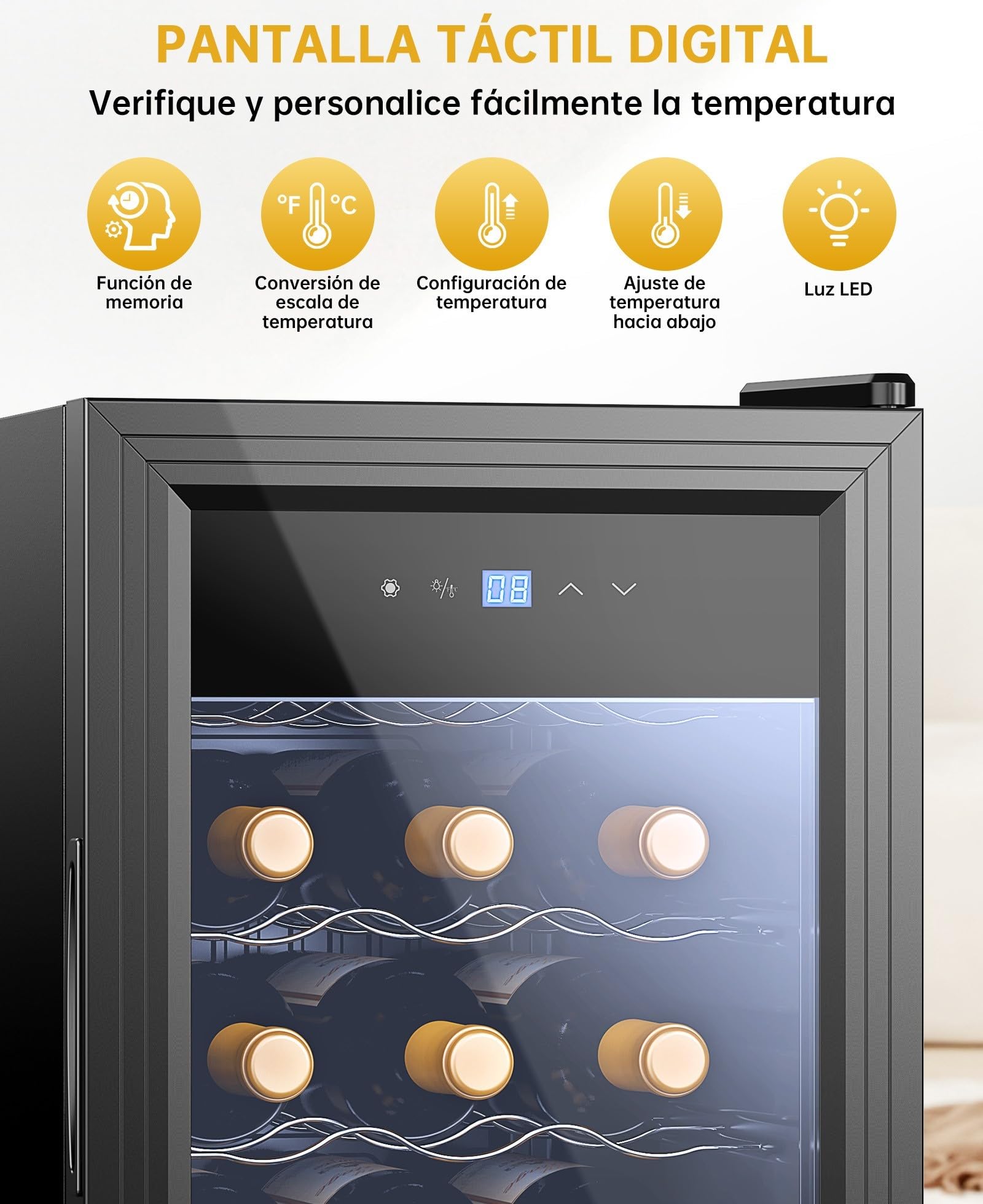 WIE Vinoteca, 18 Botellas Nevera Vinos, 53L Vinoteca Pequeña, Protección UV, Control Táctil, Iluminación LED, 5-18°C, para Vino Tinto, Vino Blanco, Cerveza, Bar Interior/Cocina/Hotel