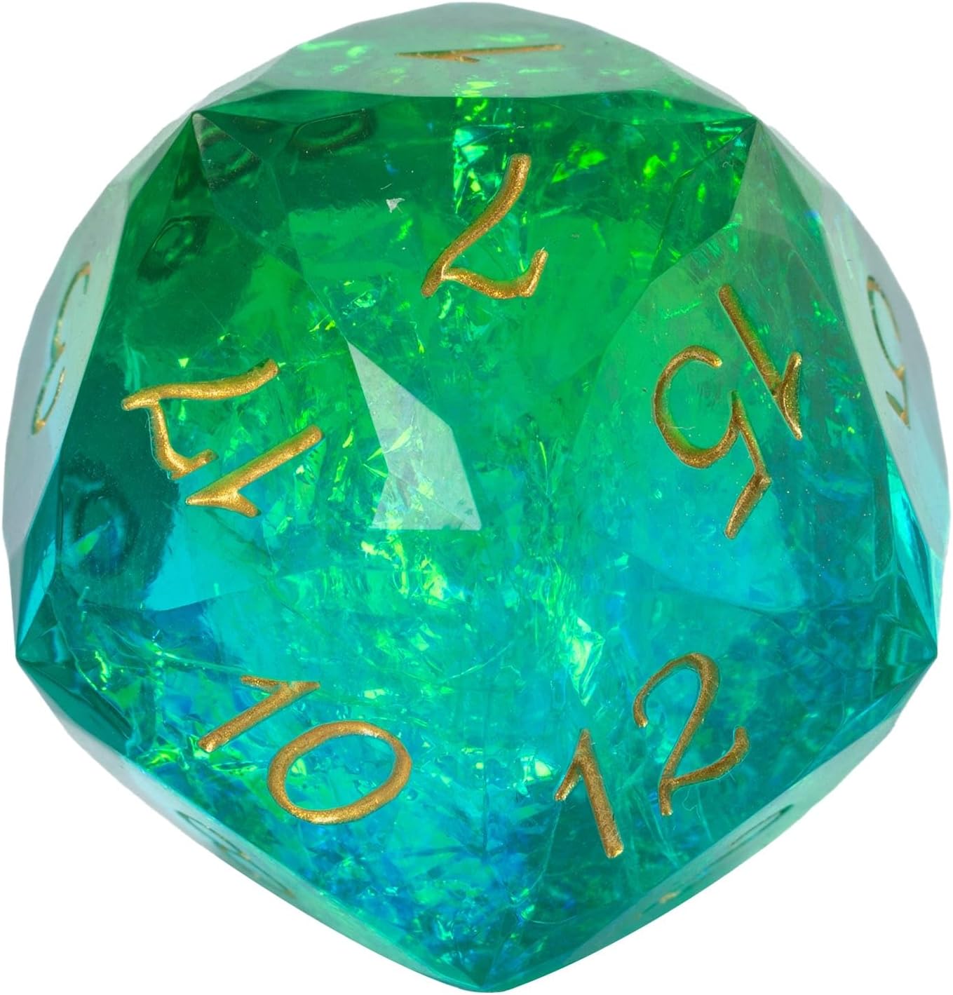 Cusdie Single D20 DND Dice with Cut Sharp Edges and Glitter Foil Inclusions, 20 Sided D&D Dice, 30mm Handcrafted, for Role Playing Game.(Blue and Green)