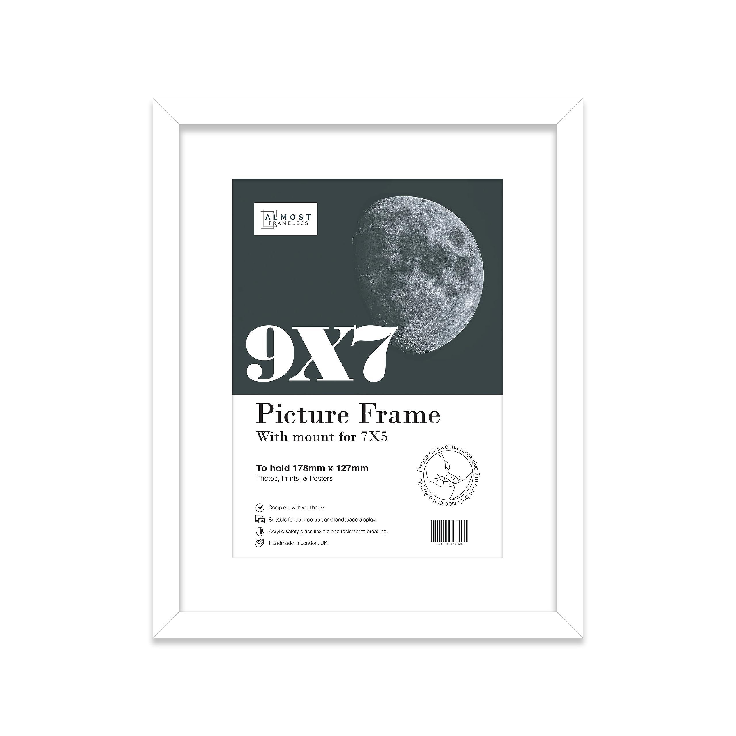 Almost Frameless 9x7 White Picture Frame With Mount for 7x5 Print, Poster or Photo Poster, Photo, Artwork, or Print. Thin Edge Slim Frame Portrait and Landscape Display with Wall Hooks
