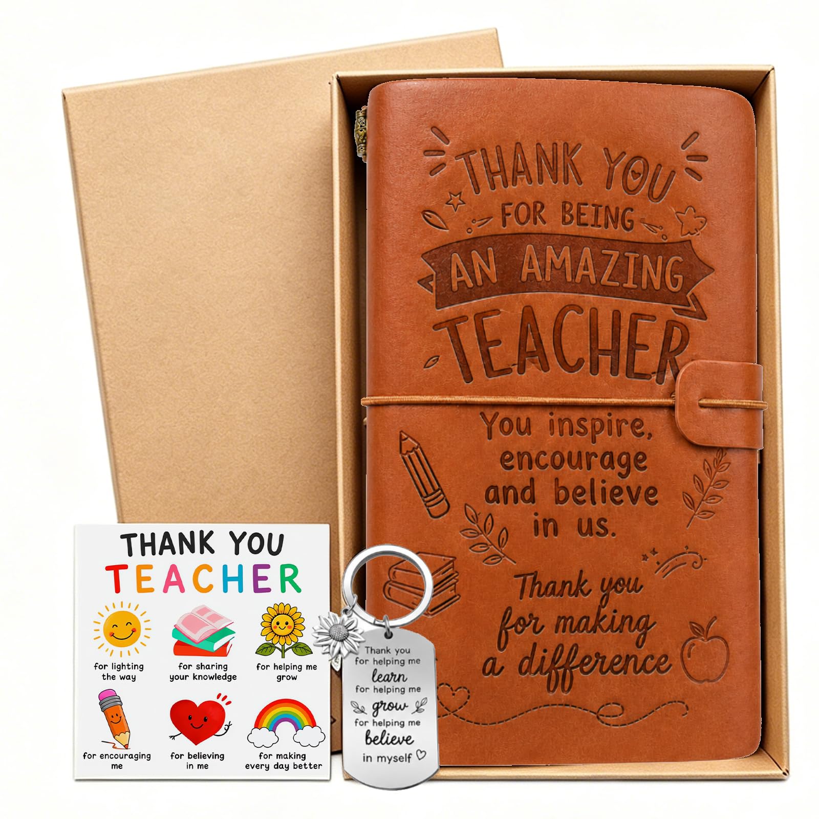 SJAUBKJOG Premium 4 In 1 Teacher Gifts Set With Leather Journal Keychain Card, Thank You Teacher Gifts For End Of Term Box, Personalised Teacheres Gifts For Women Men Nursery Leaving Present Keepsake