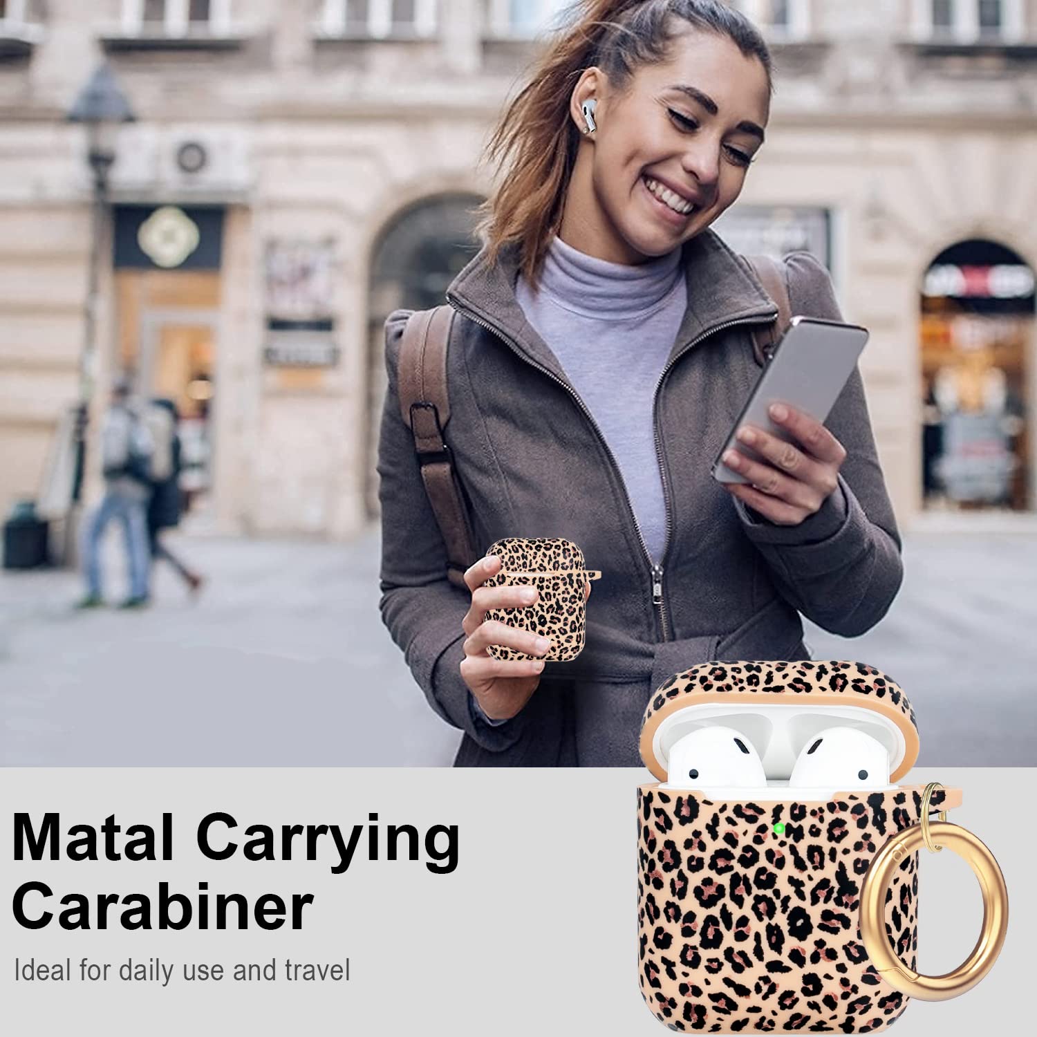 Silikon-Hülle Mit Leopardenmuster Für AirPods 1./2. Gen – Inkl. Karabiner, Kratzfest, Beige