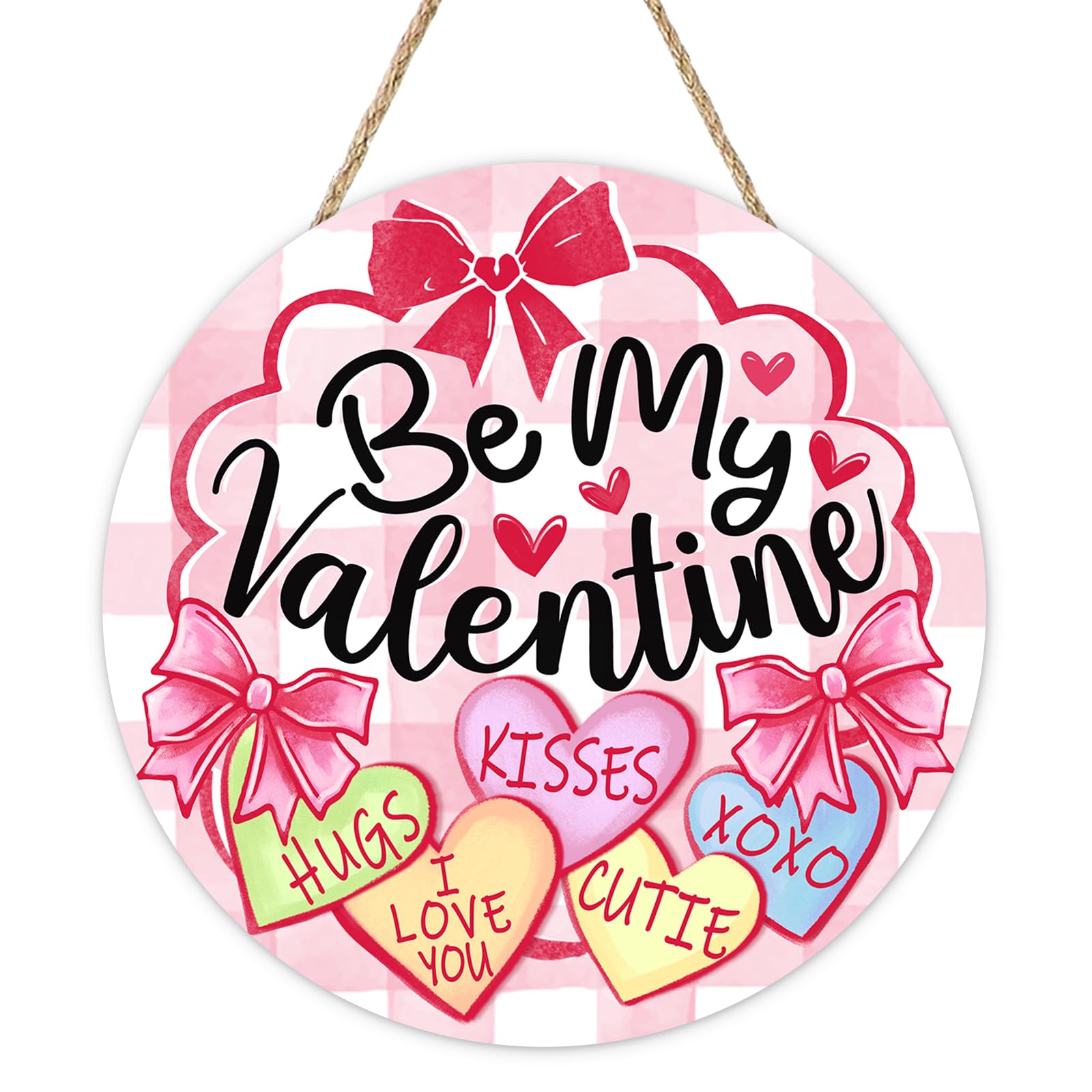 Valentines Day Front Door Sign, Be My Valentine Cute Love Hearts Pink Bow Wood Hanger Outdoor Porch Home Decor, Romantic Anniversary Wedding Wooden Wreath Indoor Wall Hanging Decoration