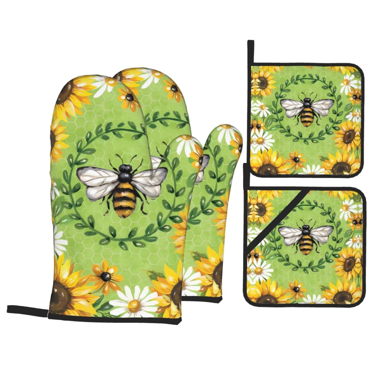 HJFCZH bee & Sunflowers Prints Kitchen Covers: Waterproof Oven Layers for Safe Cooking & Easy Cleanup - 4 Piece Heat Protection Set
